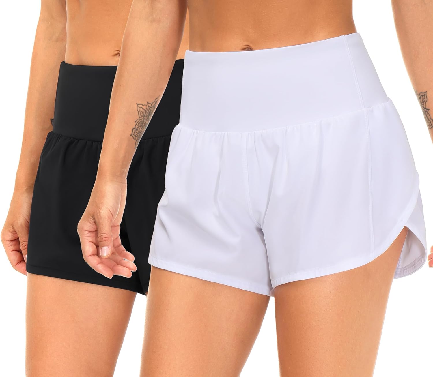 THE GYM PEOPLE 2 Pack Women's High Waisted Running Shorts with Zipper Pockets Liner Quick Dry Athletic Workout Shorts