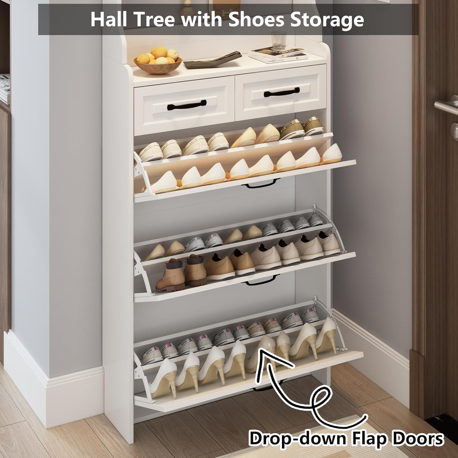Shoe Cabinet for Entryway, Shoe Storage Cabinet with 3 Flip Doors and 2 Drawers, 2-in-1 Wooden Shoe Rack Organizer with Coat Hooks for Hallway Cloakroom, White