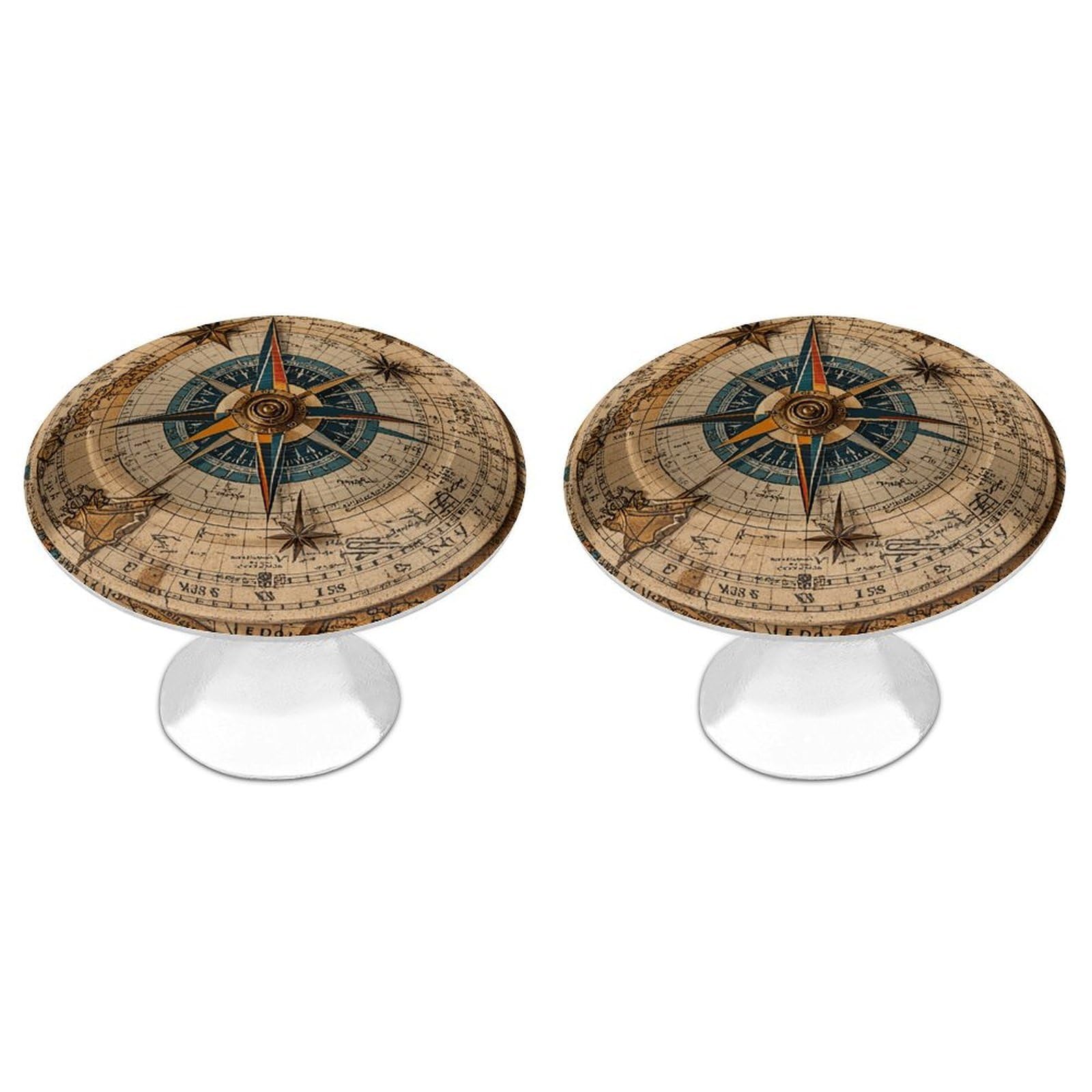 QMNLKH Compass and Old World Map Cabinet Knobs for Home, Round Drawer Pulls for Kitchen, Personalized Cupboard Handles with Screw, Fashion Dresser Knobs for Office, Drawer Handles, 2 Packs