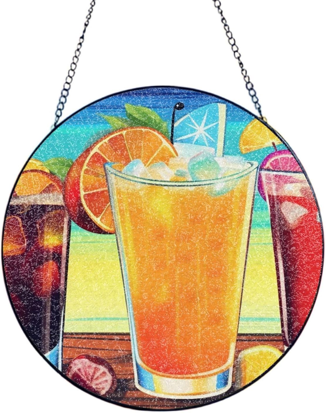 Happy Hour Stained Glass Suncatcher for Window Hanging Sun Catcher Ornament for Women Men Suncatcher for Home Decor, 10in（25cm） Round Glass Ornament for Mother's Day Birthday Gift