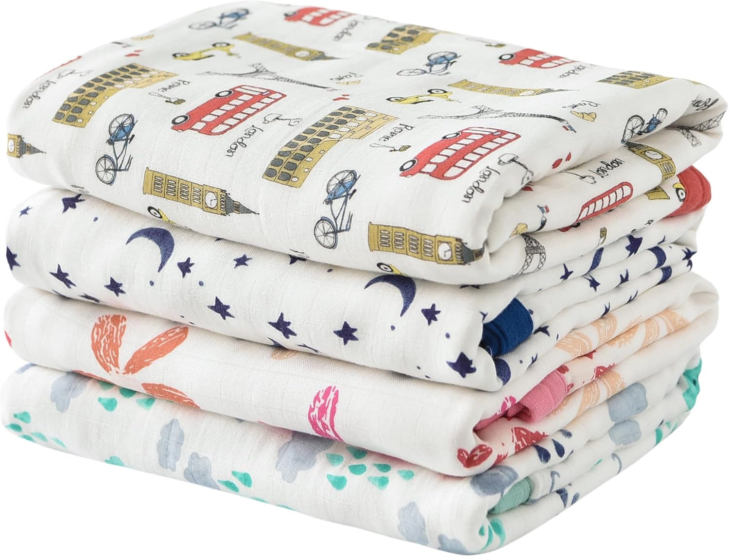 Baby Swaddle Blanket, 4-Pack 47×47 70% Rayon from Bamboo 30% Cotton 4-Layer Muslin Blankets, Large Soft Breathable Receiving Blankets for Newborn Boys Girls