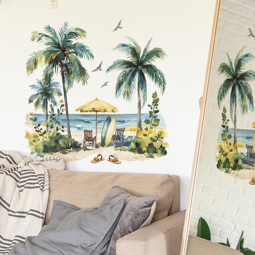 Summer Beach Coconut Tree Wall Stickers Green Plant Removable Wall Decals for Bathroom Bedroom and Living Room