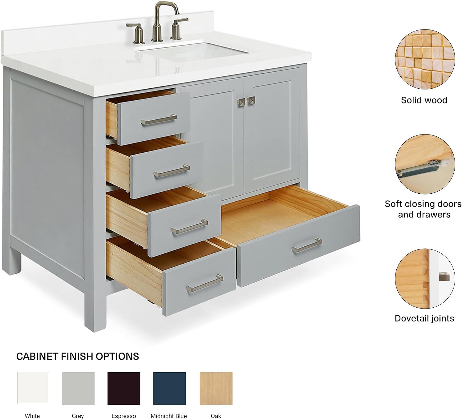ARIEL Cambridge vanity with all drawers and doors open, showing ample storage space
