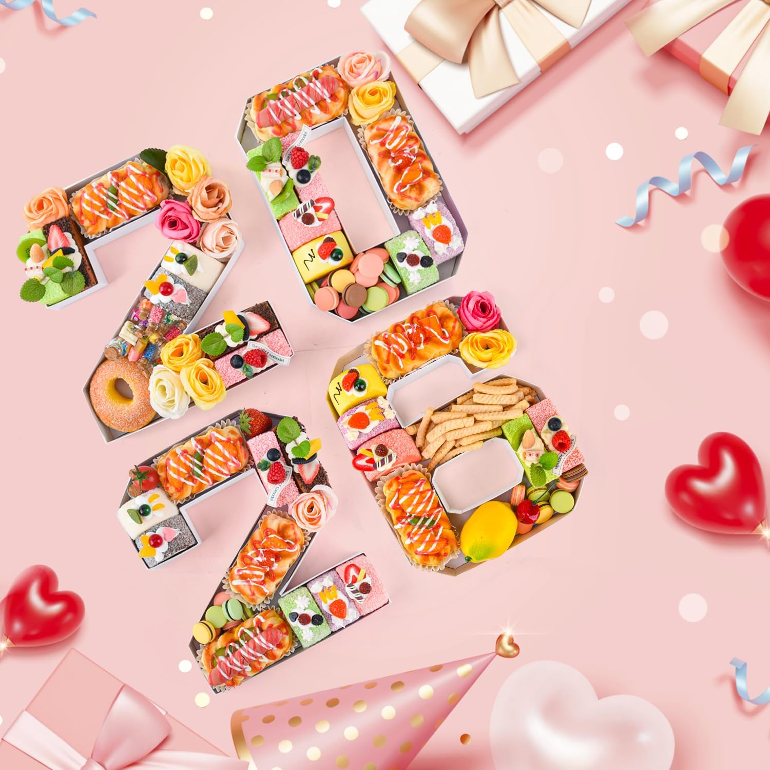 2026 Set Cardboard Number for Charcuterie 10.2'' Fillable Tray Charcuterie Paper Box for Graduation Anniversary Birthday New Year Party Decorations Chocolate Cookies Goodie Cupcake Box