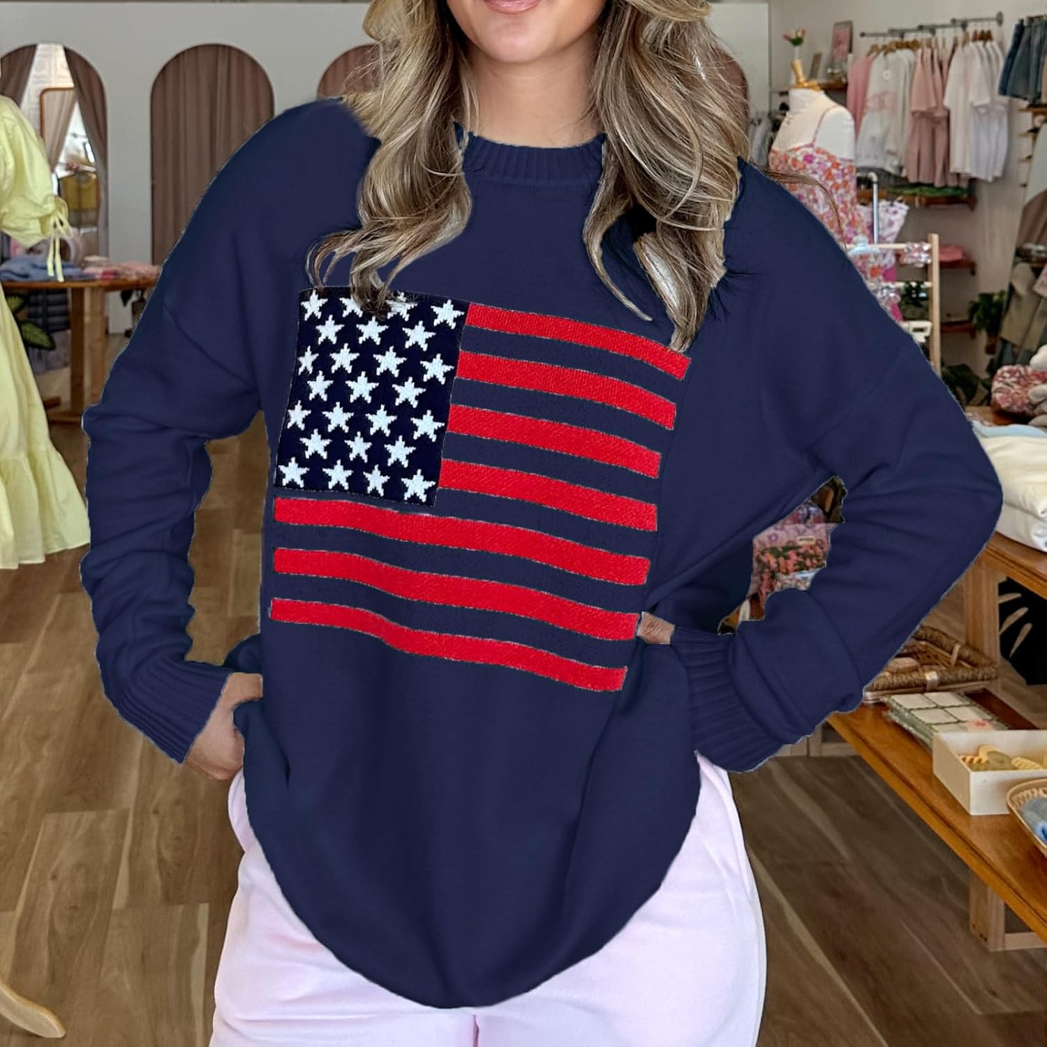 Women's American Flag Pattern Sweater Long Sleeve Knit Crewneck Sweater Casual Loose Pullover Top - Image 2