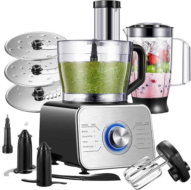 1100W Food Processor Multifunctional, Blender Food Processor with 3.5L Bowl and 3 Speed Settings ( Include blender, chopper, mixer, whisk attachment), Silver