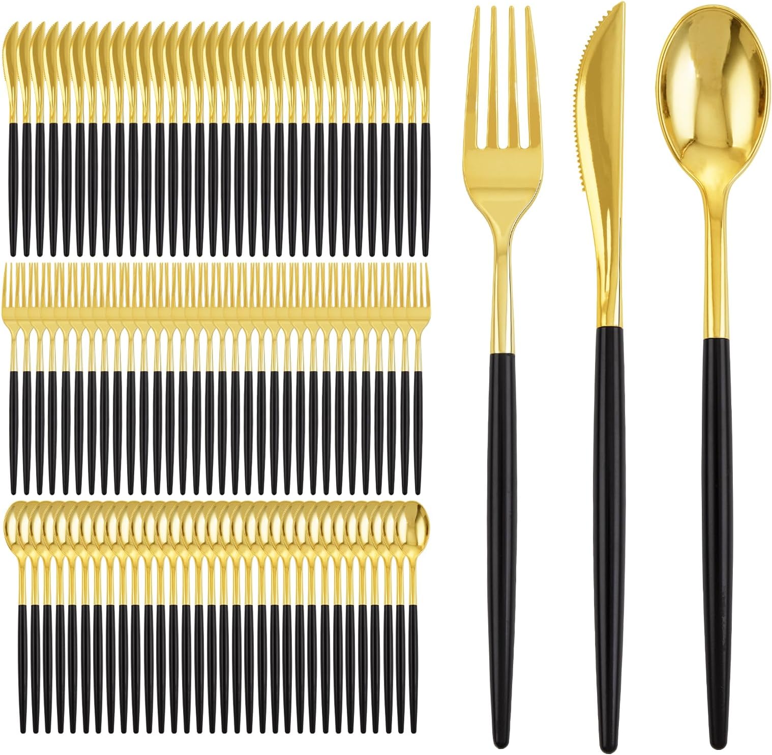 I00000300Pcs Gold Plastic Silverware, Happy New Year Gold Disposable Silverware, Black and Gold Plastic Silverware Include 100 Forks 100 Knives 100 Spoons,Plastic Cutlery for Wedding & New Year Party