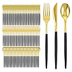 I00000 300Pcs Black Plastic Silverware, Happy New Year Gold Disposable Silverware, Black and Gold Plastic Utensils Include 100 Forks 100 Knives 100 Spoons,Disposable Cutlery for Wedding