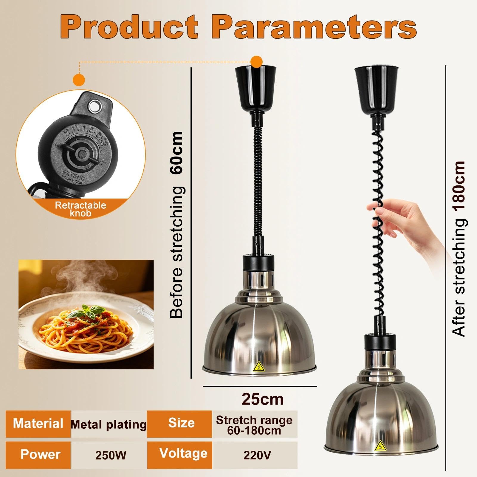 Lampara de Calor Cocina, Altura Regulable 60-180cm (B-25cm, 2 Piezas) | Lampara de Calor para Alimentos, Lampara Calentador Comida para Cocina Buffet Hostelería, 250W 220V