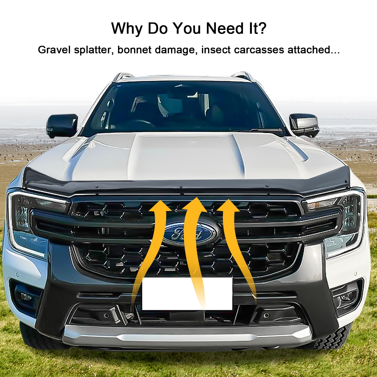 Motorhauben-Deflektor Insektenschutz für 2023–2026 T9 Ford Ranger Wildtrak, Raptor, XL, XLT, Limited, Tremor, Wildtrak X, Platinum, PMMA Acryl, UV-beständig, wetterfest, glänzend schwarz