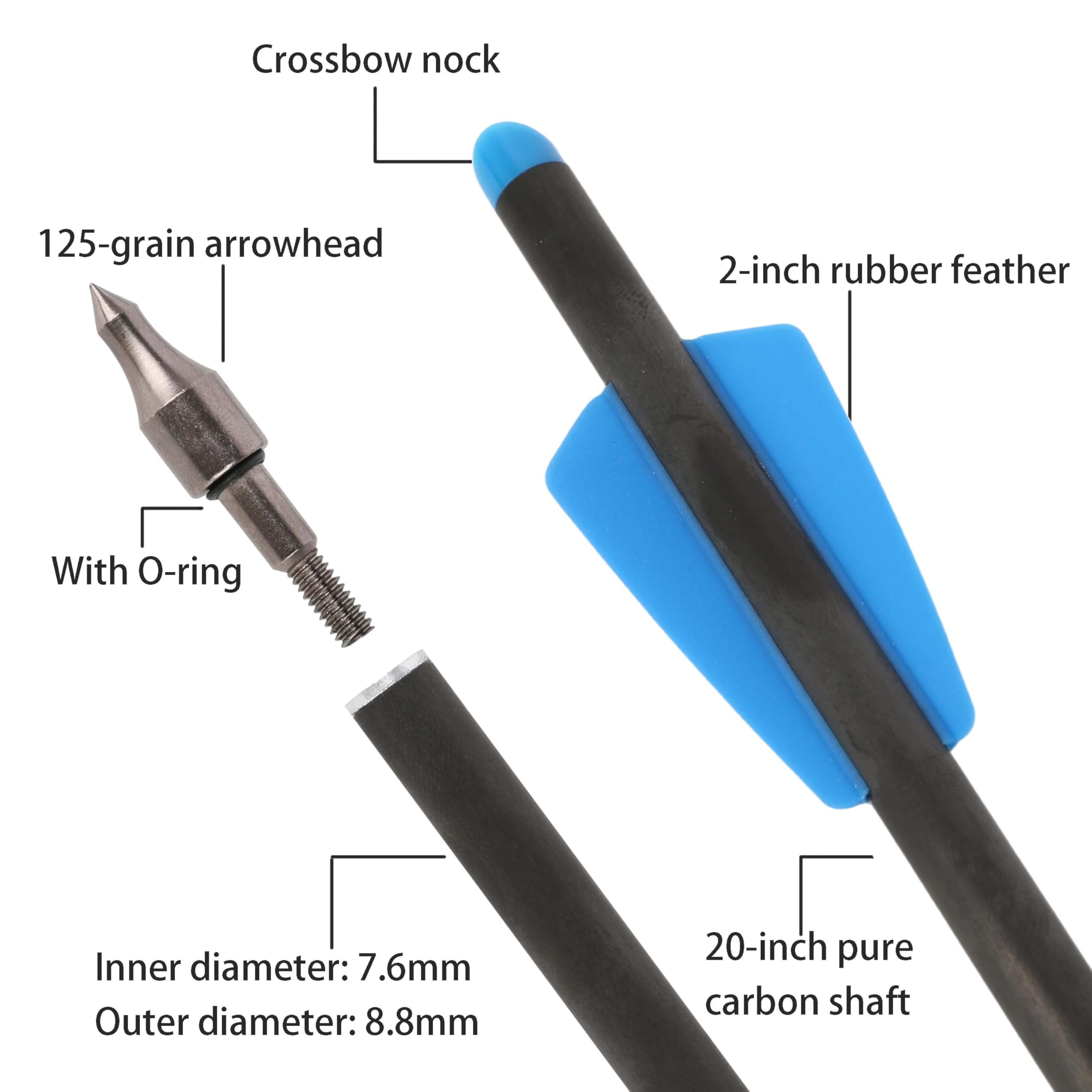 Flechas para Ballesta de Tiro con Arco Flecha de Carbono Puro de 20 Pulgadas con Pluma de 2 Pulgadas para prácticas de Tiro al Blanco y Tiro al Aire Libre 12pcs