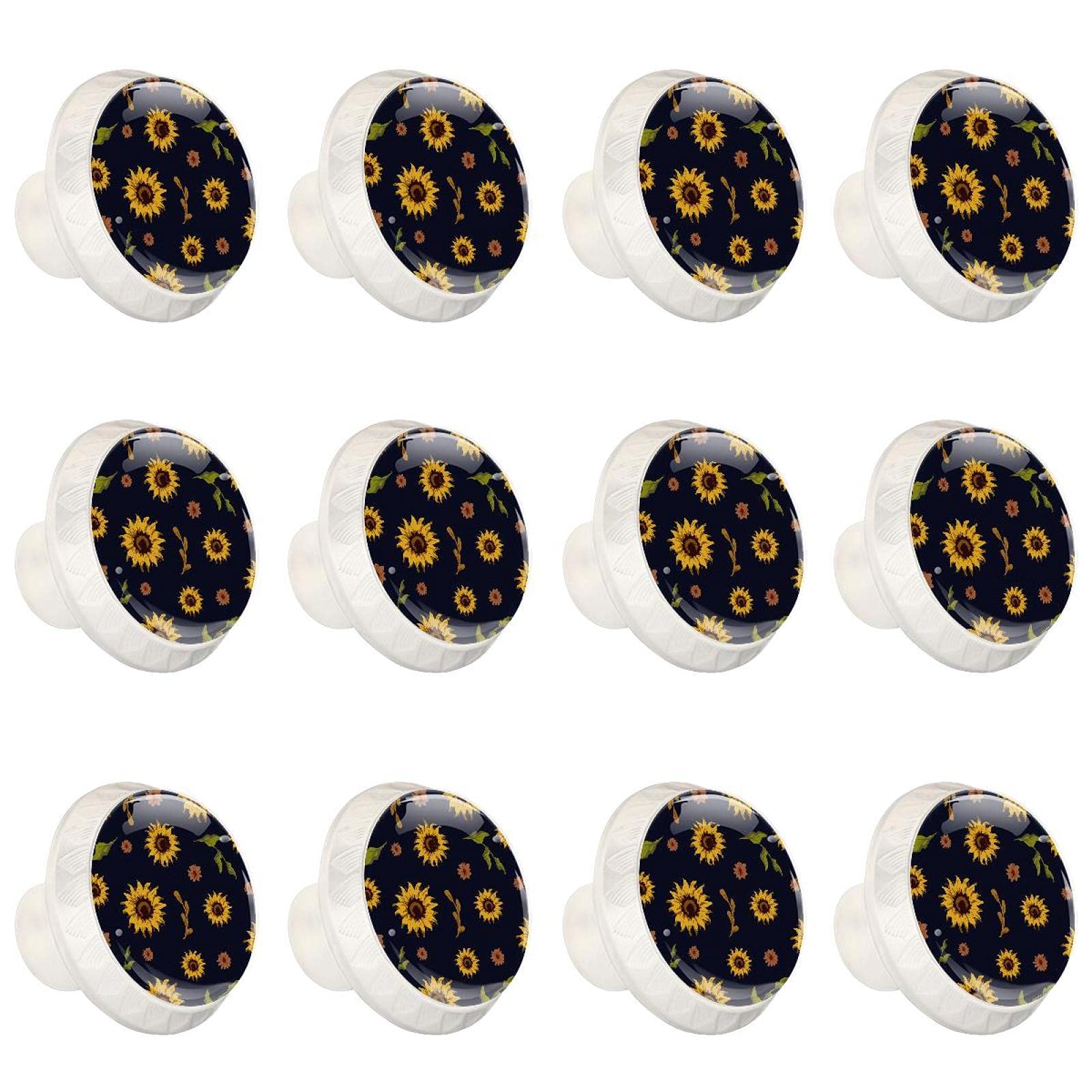 Boutons d'armoire au design floral soigné, lot de 12 poignées rondes jaune et bleu marine