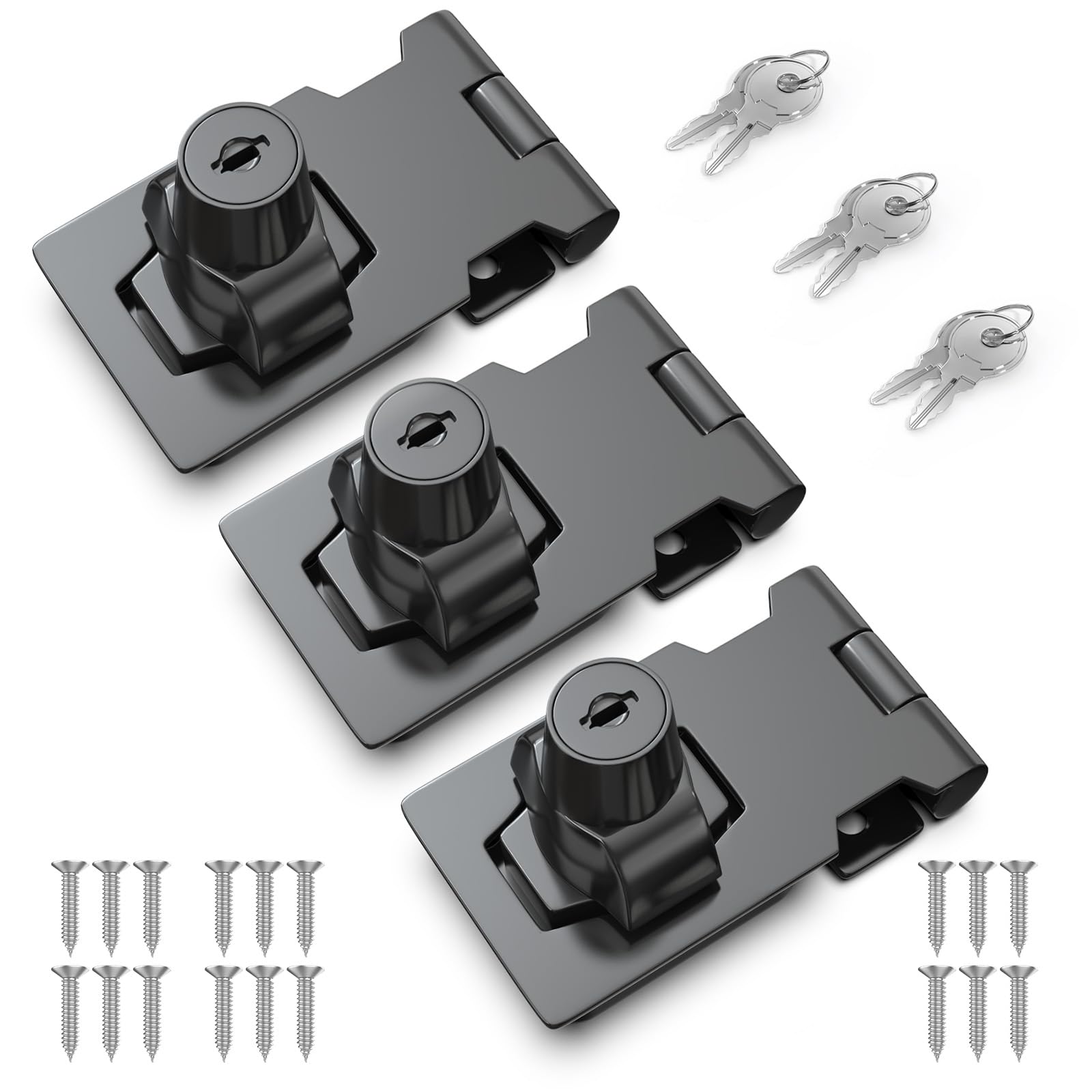 2.5 Inch Keyed Hasp Lock for Cabinets &amp; Small Doors, Twist Knob Design, Heavy Duty Zinc Alloy with Chrome-Plated Iron, Includes Keys &amp; Screws - Black, 3 Pack
