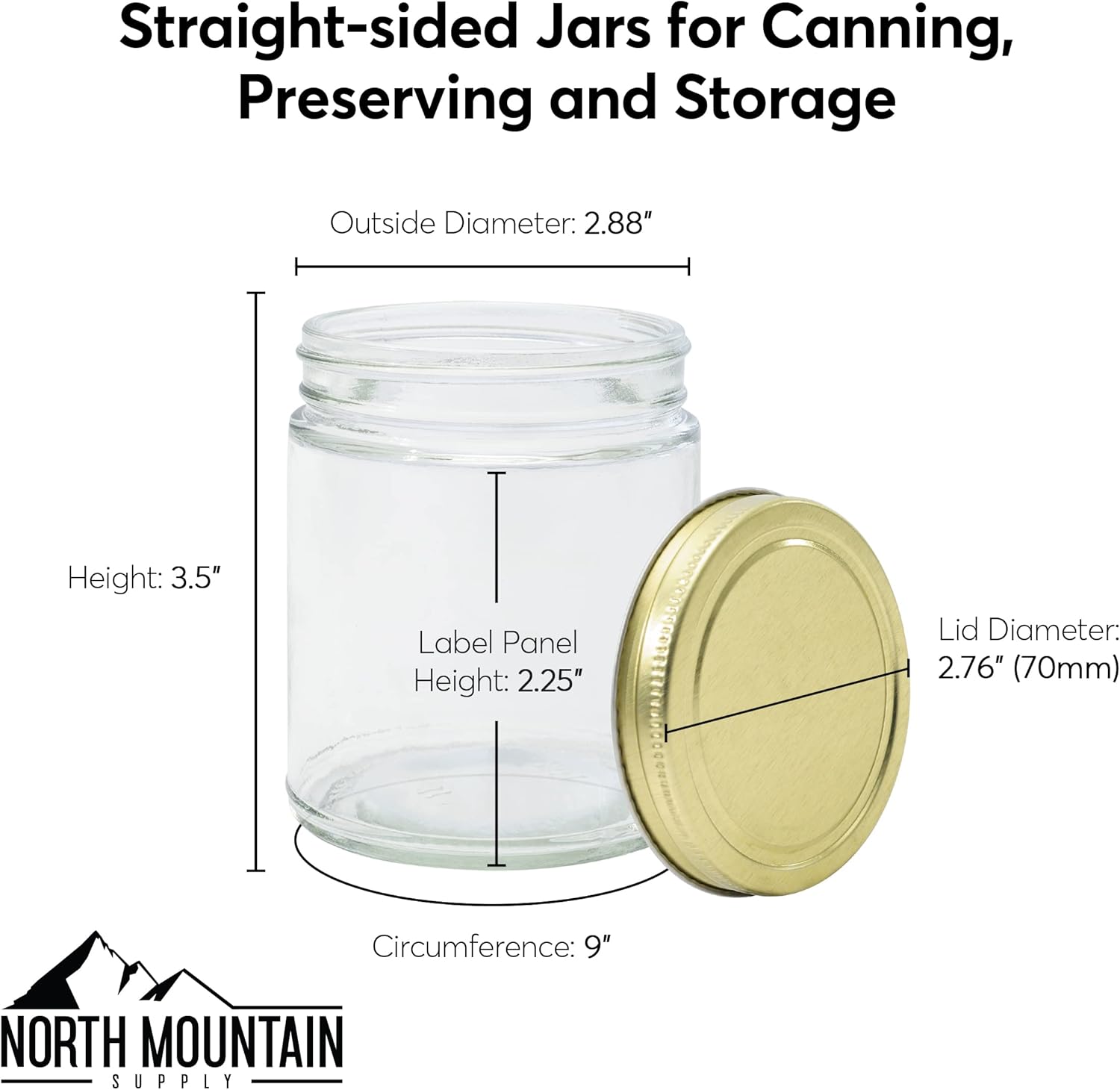 North Mountain Supply 9 Ounce Glass Straight Sided Mason Canning Jars- with 70mm Gold Metal Lids - 132 Jars and Lids (11 Cases of 12)