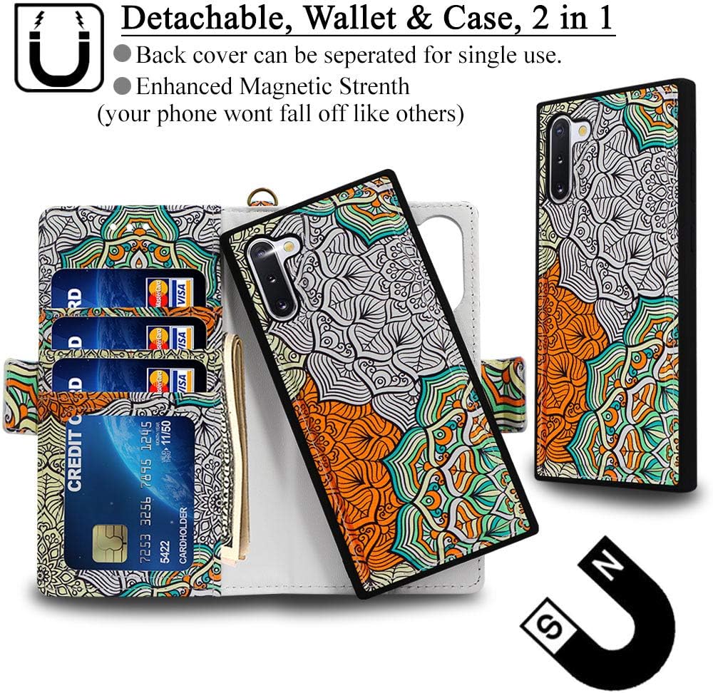 Mefon Galaxy Note 10 Wallet Case Detachable, Wireless Charging Compatible, Durable Slim, Magnetic Detachable Flip Cover Leather Folio Phone Cases for Samsung Galaxy Note 10 5G 6.3" (Mandala 2)