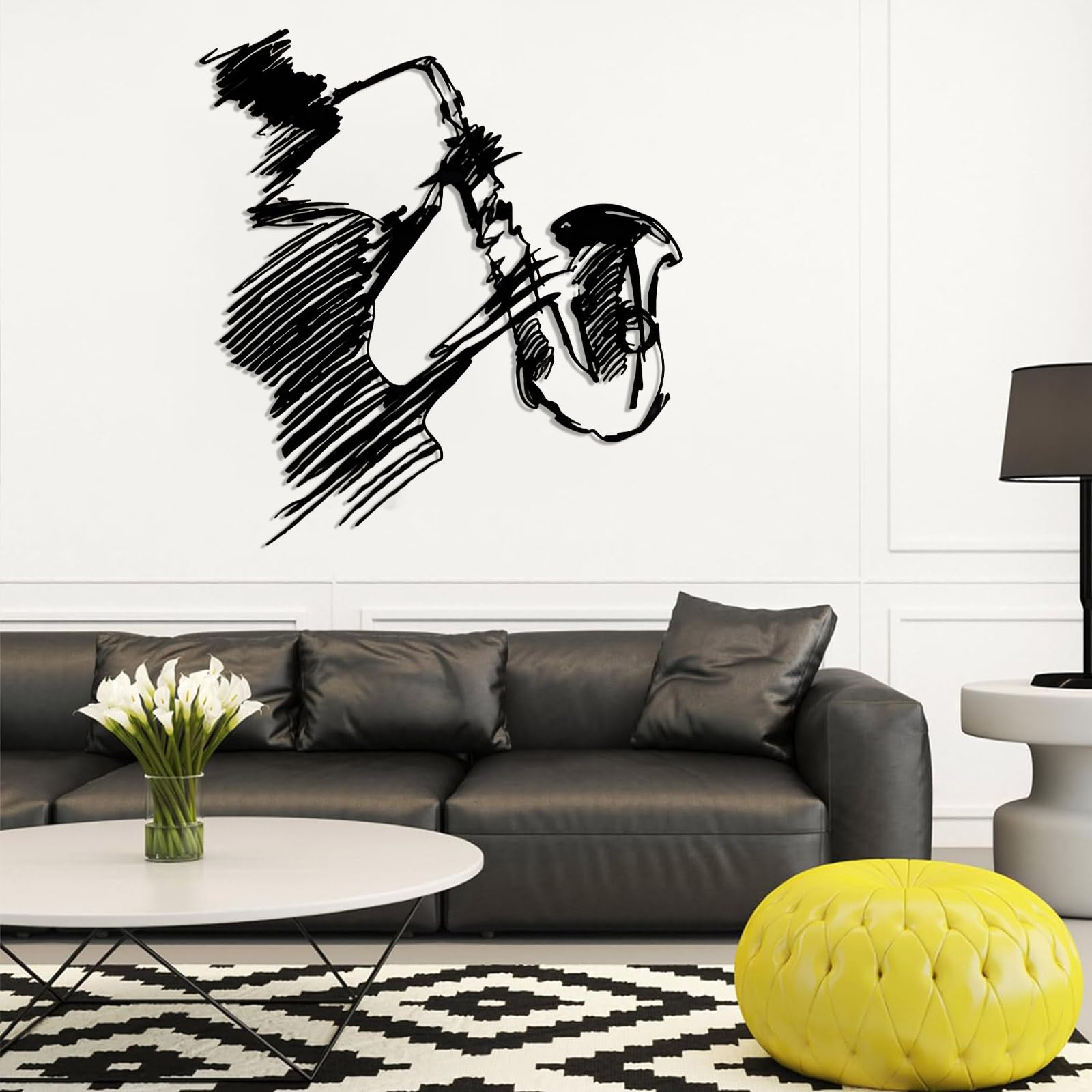 Decorazione da Parete in Metallo con Sassofono, Musica Astratta, Decorazioni con Linee astratte, Decorazione da Musicista, Cartello Jazz per Soggiorno, Studio (Argento 20