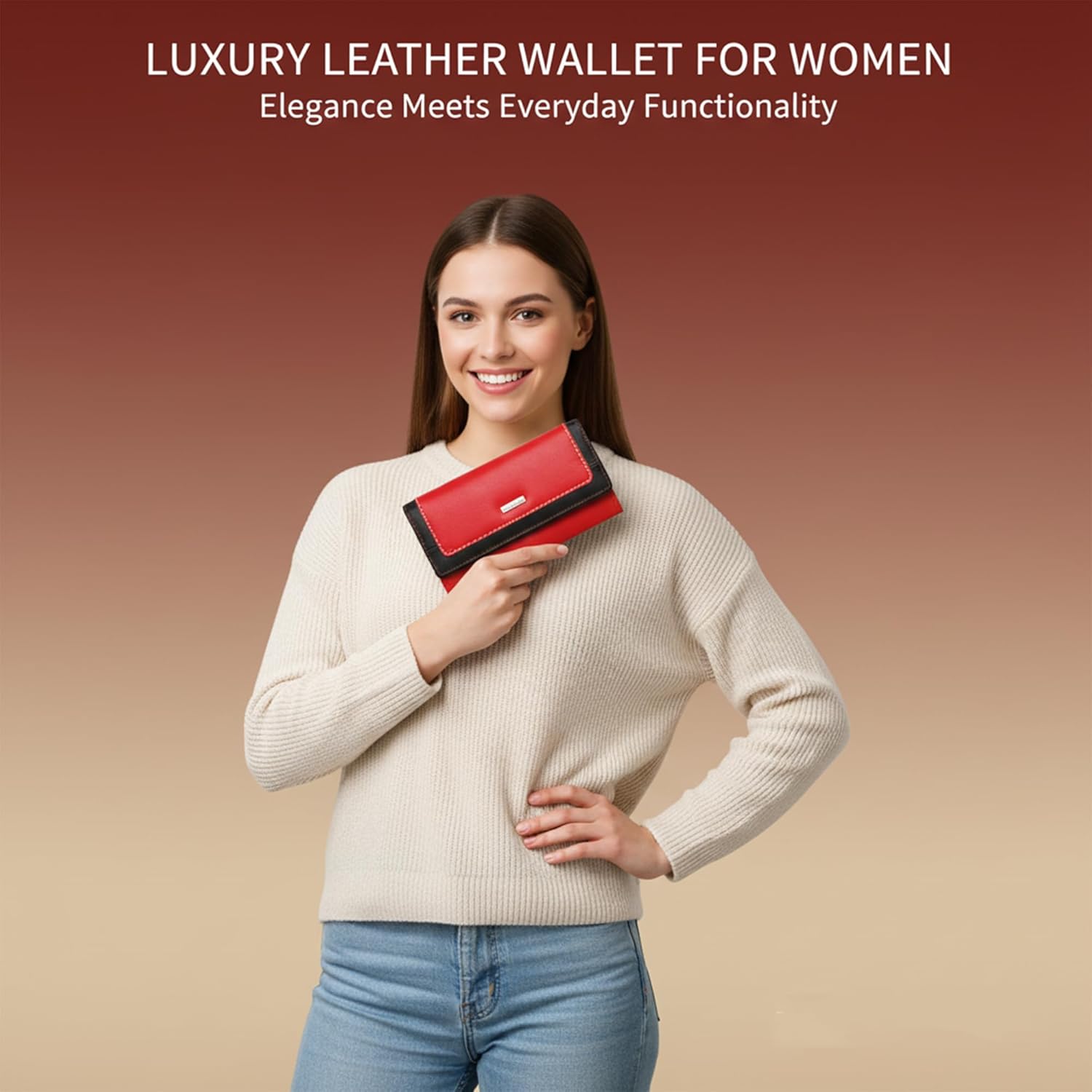 Women Wallet | Ladies Genuine Leather RFID Blocking Long Flap Over Purse 5560 (Red Black)