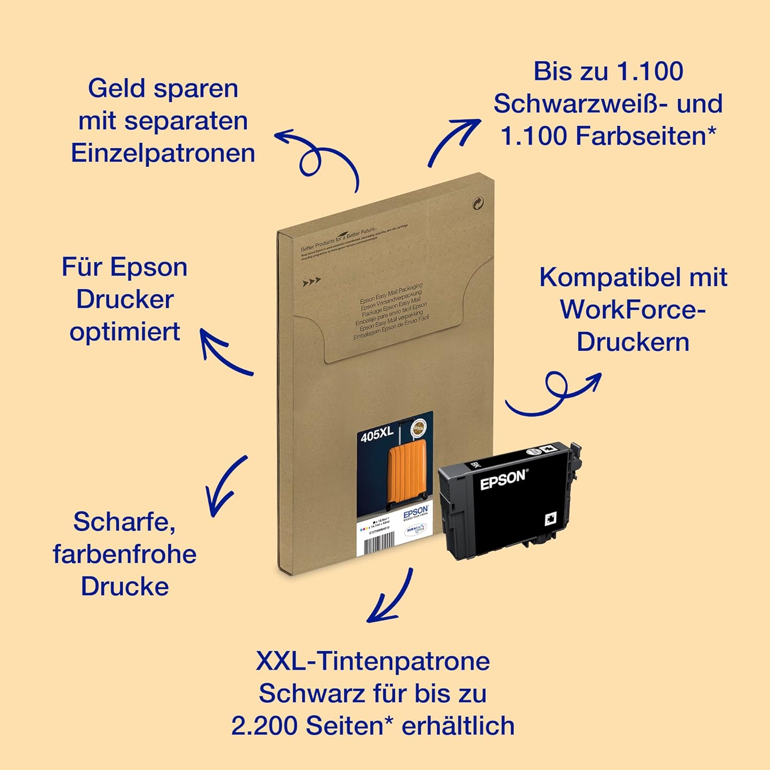Nahaufnahme der Epson 405XL Tintenpatronen-Verpackung, die ihre schmale 'EasyMail'-Form zur einfachen Postzustellung zeigt.