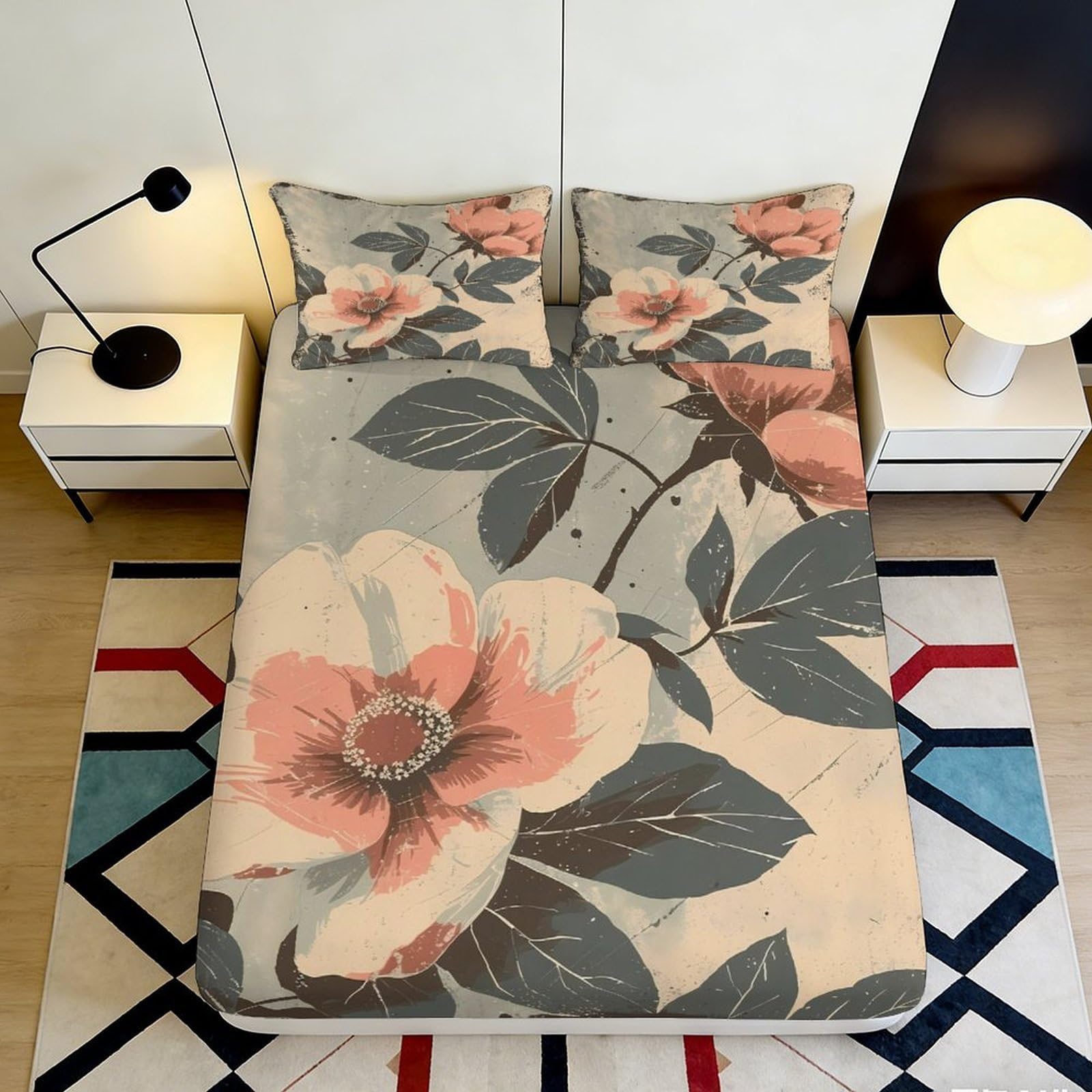 3D Printed Vintage Floral Fitted Sheet Microfiber Soft Breathable Botanical Blossom Mattress Cover for Bedroom Decor 90x200x25cm