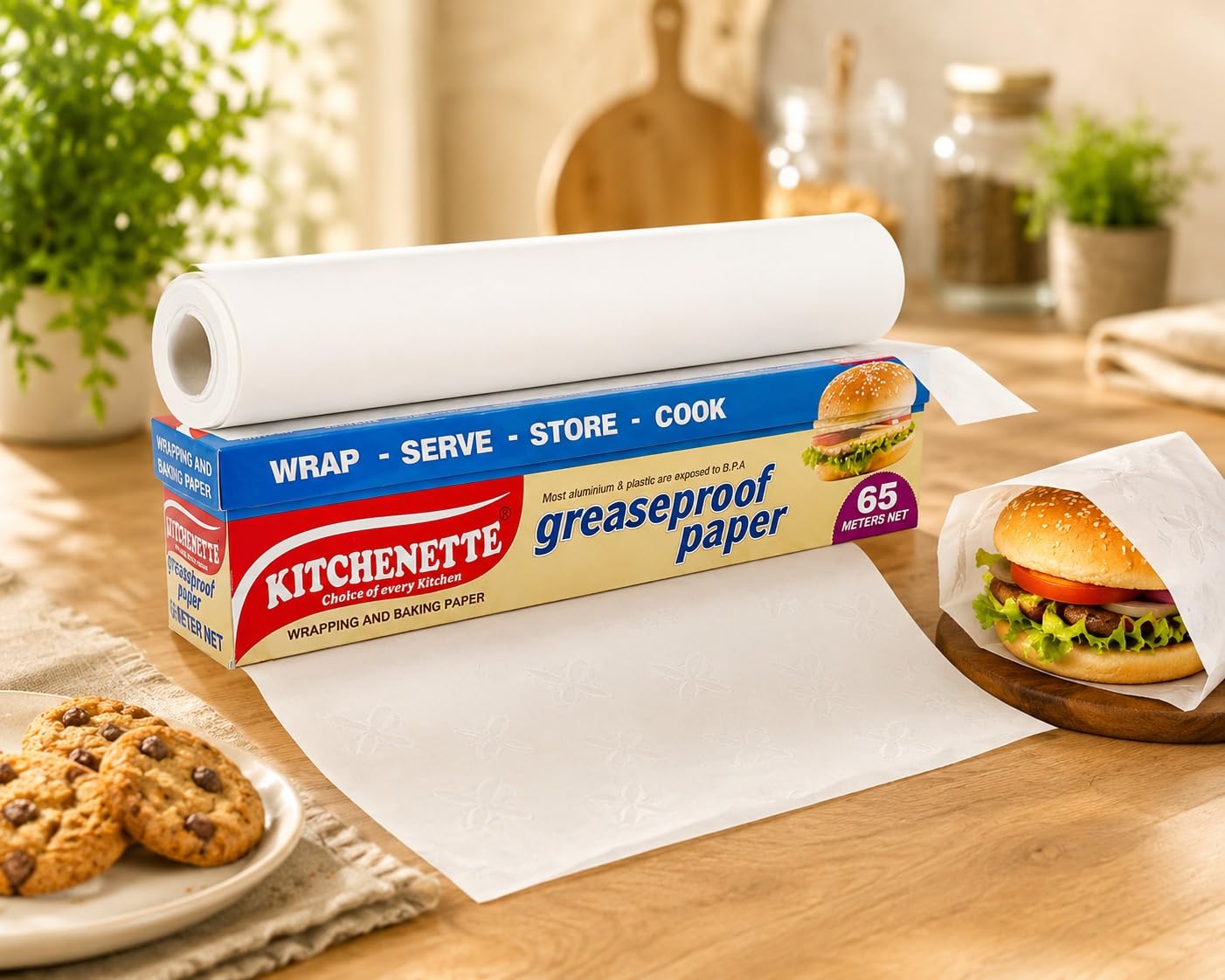 Kitchenette Butter Paper Roll 65 Mtr - Food Wrapping Paper for Home and Kitchen, GreaseProof Paper Roti wrap, Uniwrap Chapati Wrap, Tiffin and Lunch Packaging, Better Fresh Wraps