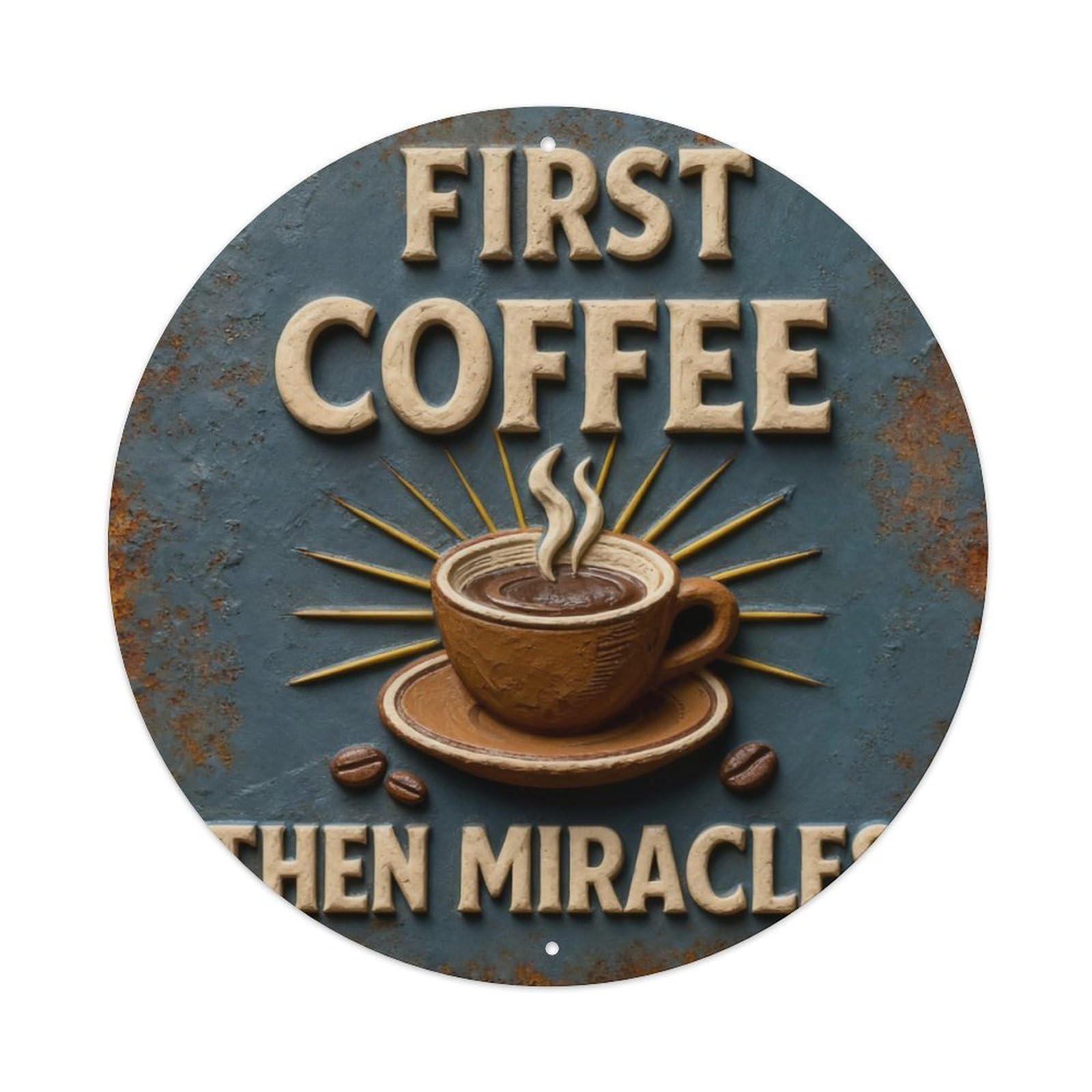Coffee Cup Steam Beans Rays Text Circle Background Round Metal Tin Sign Vintage Wall Decor, Bar Garage Cafe Kitchen Home Wall Art Poster 8x8inches