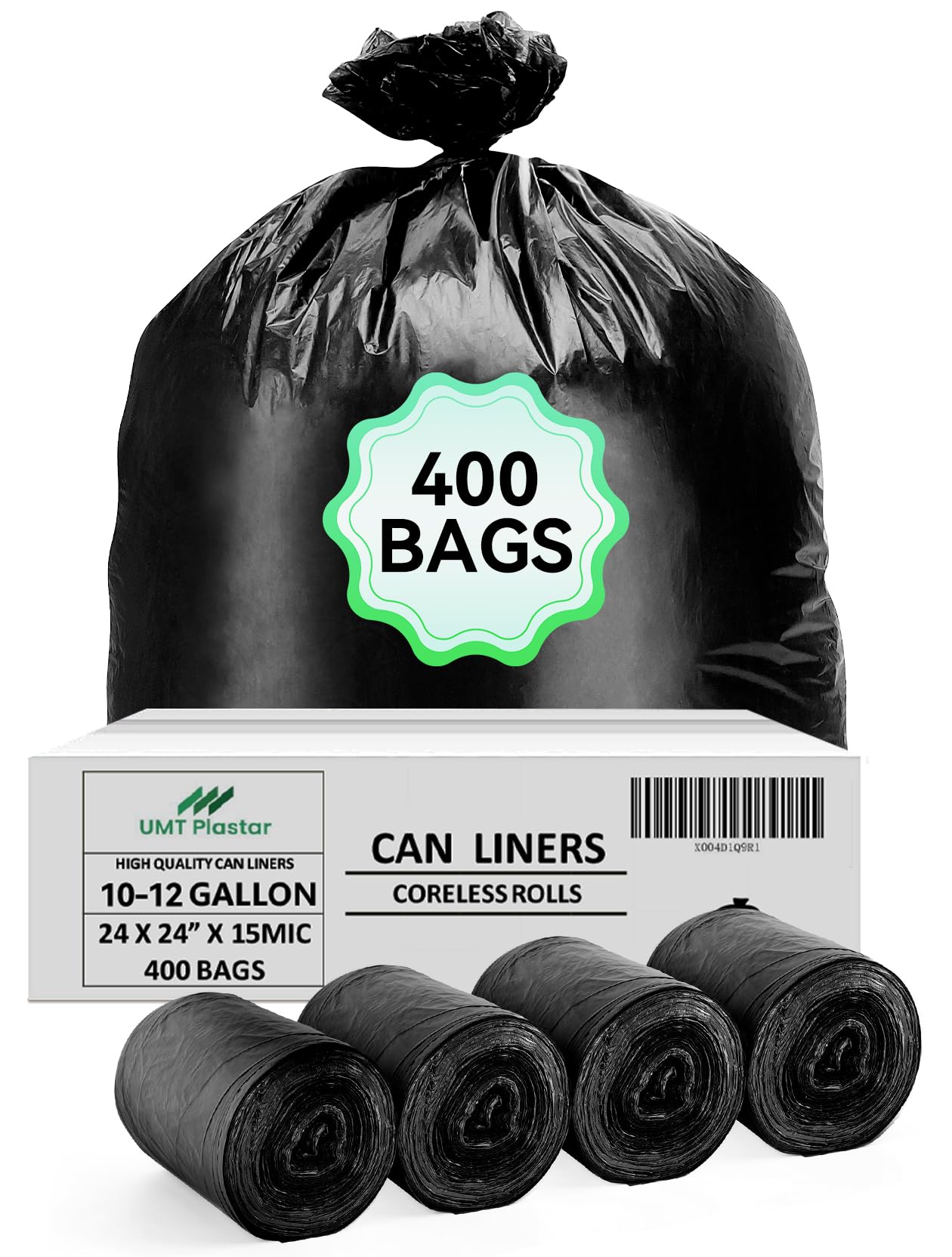 UMT Plastar 400 Count Heavy Duty Black Trash Bags 10-12 Gallon, 24 x 24 Inch Large Garbage Bags, 15 Micron Thick Strong Leak-Resistant Trash Can