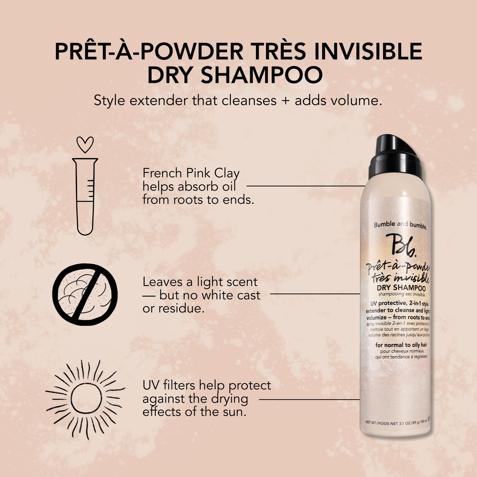 Bumble and bumble. Prêt-à-powder Très Invisible Volumizing Dry Shampoo | Volumizing, Dry-Cleansing, UV Protective + Absorbs Oil | Curly, Wavy, Straight