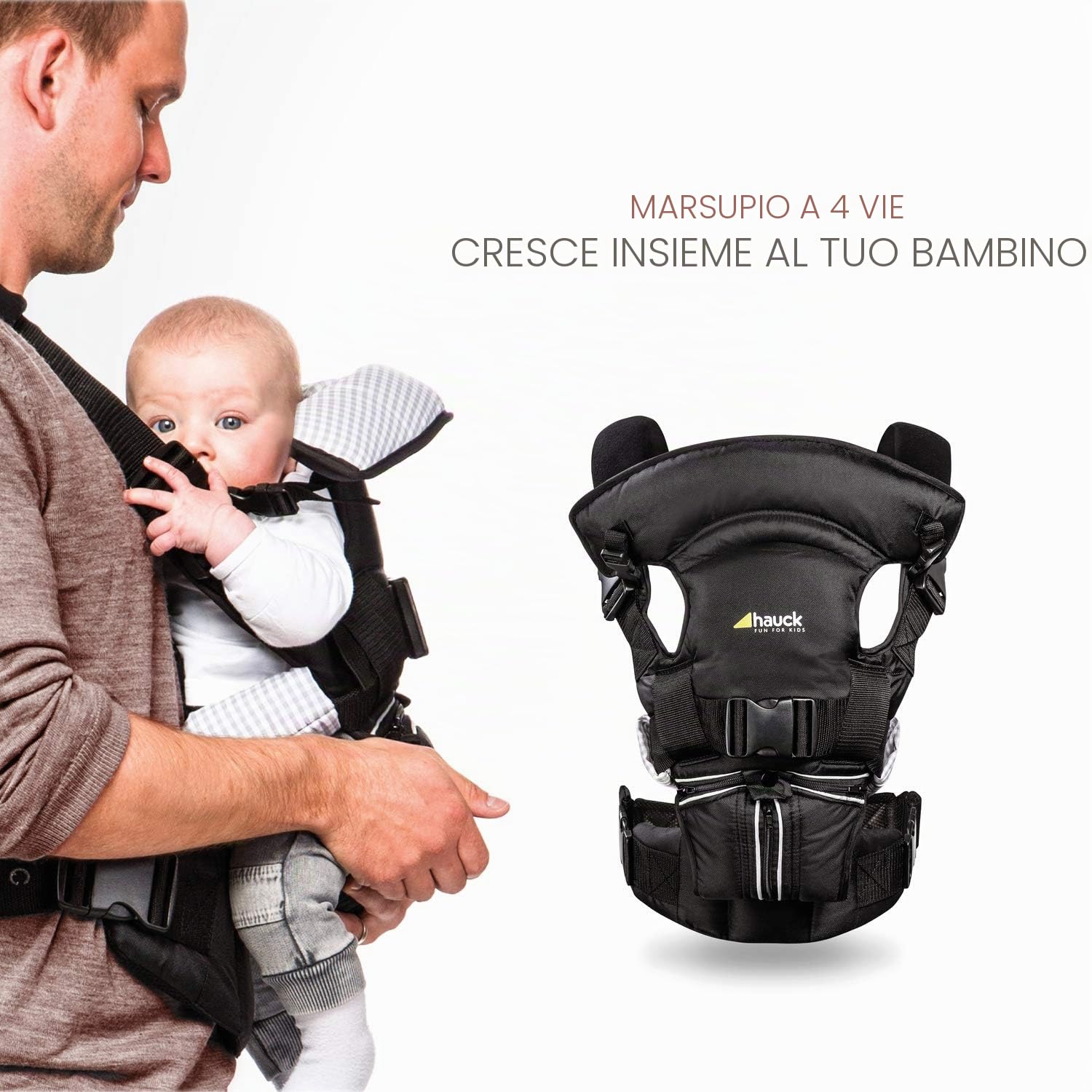 hauck 4 Way Carrier Marsupio Neonato - Marsupio per Neonati Ergonomico, Convertibile in 4 Posizioni con Supporto per Testa e Nuca - Marsupio Neonati dalla Nascita Fino a 12 kg - Nero