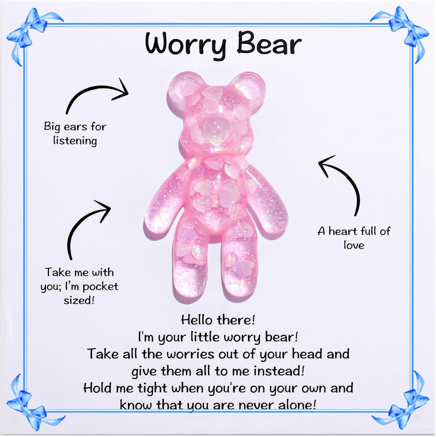 Pocket Bear Hug, Anxiety Relief Gift- Emotional Support Card, Stress Relief for Autism, Mental Health Positivity,Comforting Gift for Son Daughter Back to School (Pink)