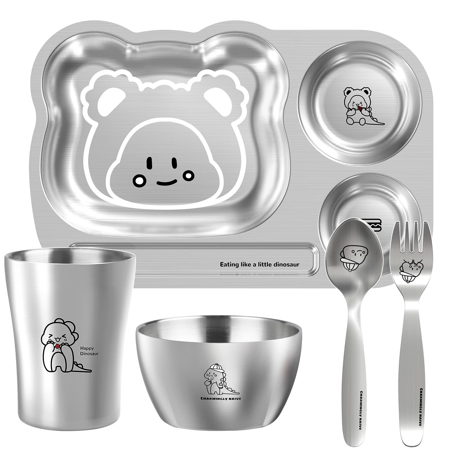 Greentainer Edelstahl Baby Geschirrset, Kindergeschirr-Set aus Edelstahl,5-teiliges Mehrweg Geschirr-Set,Becher, Schüssel, Teller, Löffel & Gabel für Kinder