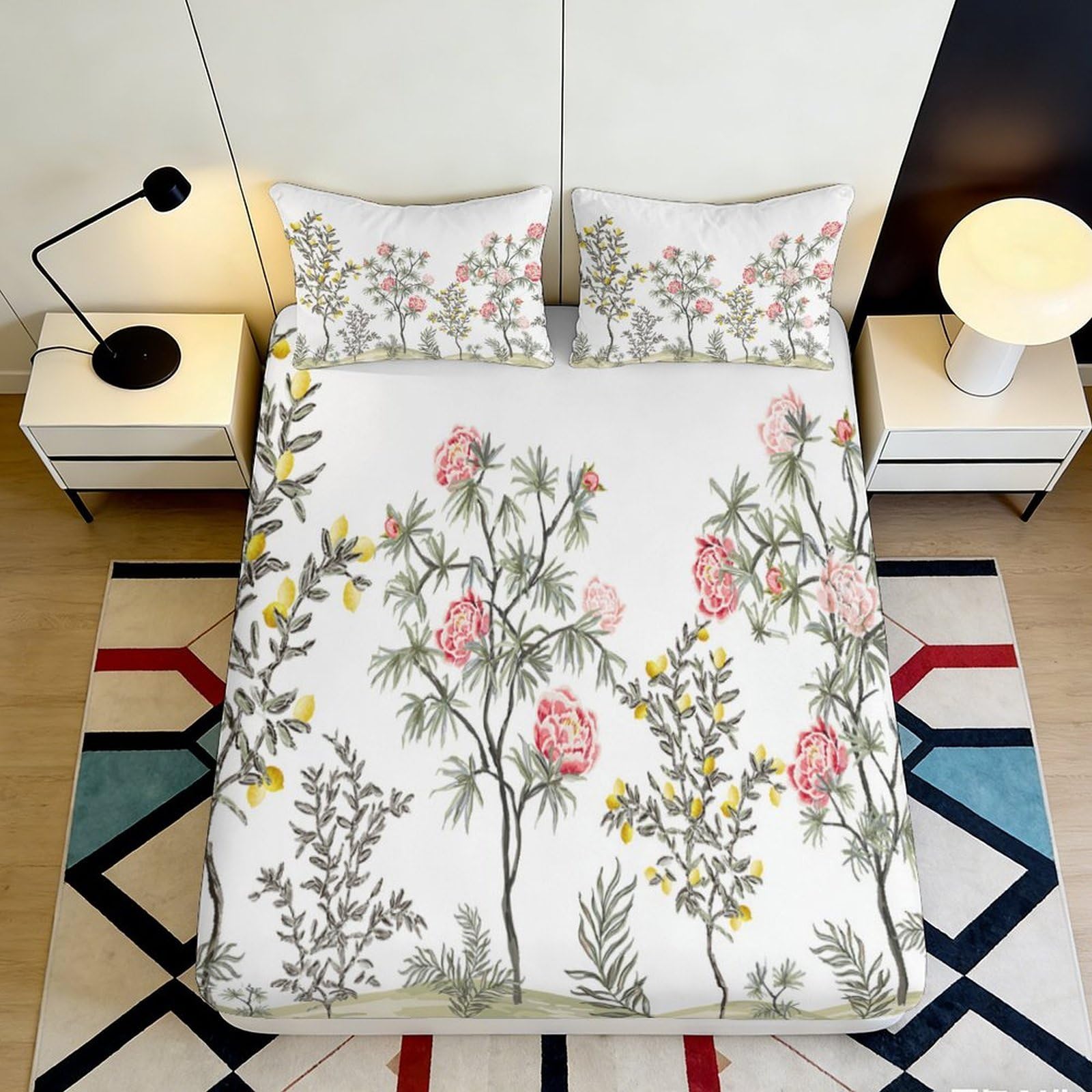 3D Printed Peony Floral Fitted Sheet Microfiber Soft Breathable Botanical Mattress Cover for Bedroom Guest Room Decor 90x200x25cm