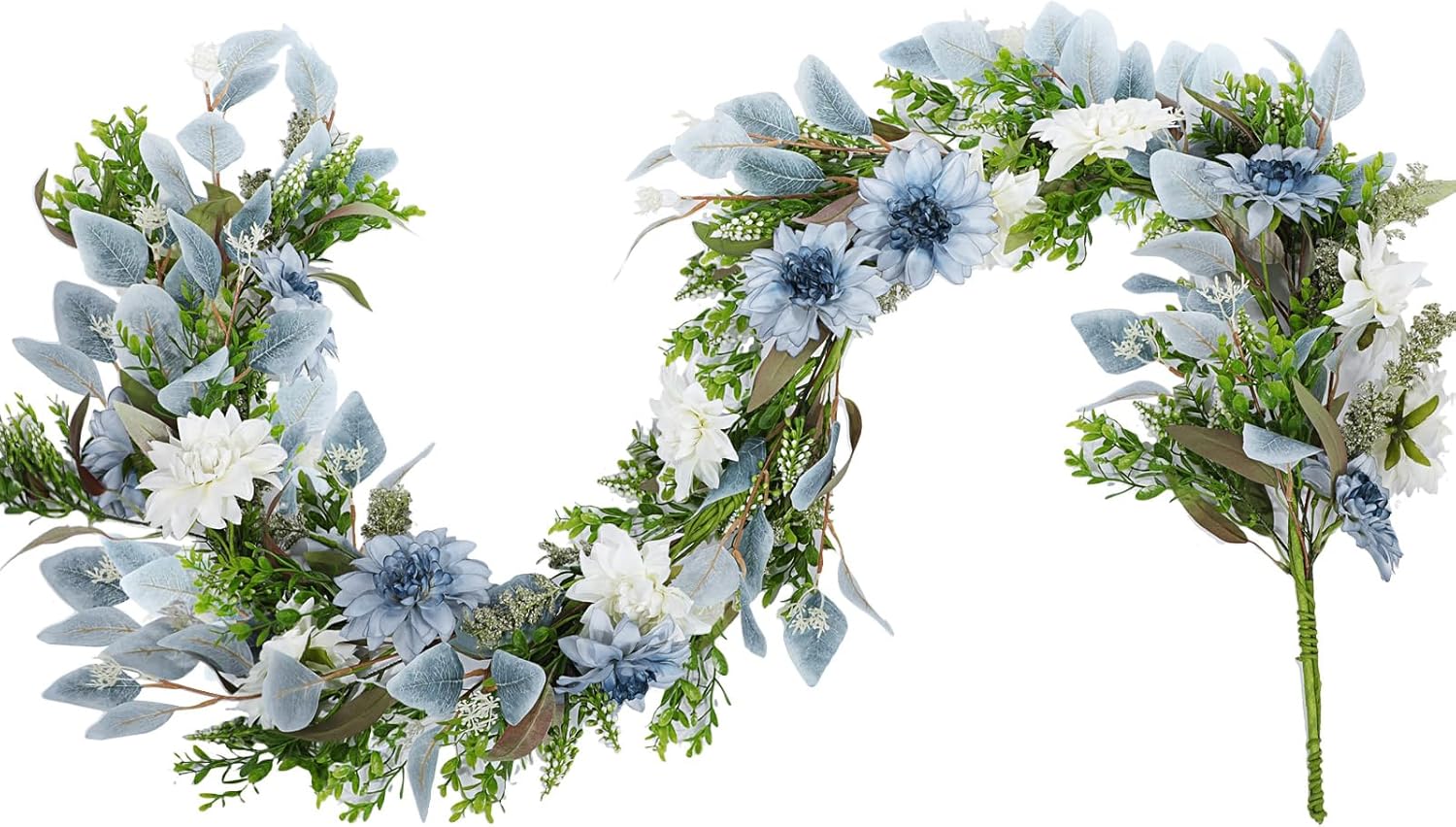Giegxin 1 Pack 6 ft Artificial Flower Garland with Dahlias and Eucalyptus Blue White Flower Fake Wisteria Vines Summer Greenery Garland for Wedding Mantle Porch Stair Table Indoor Decor