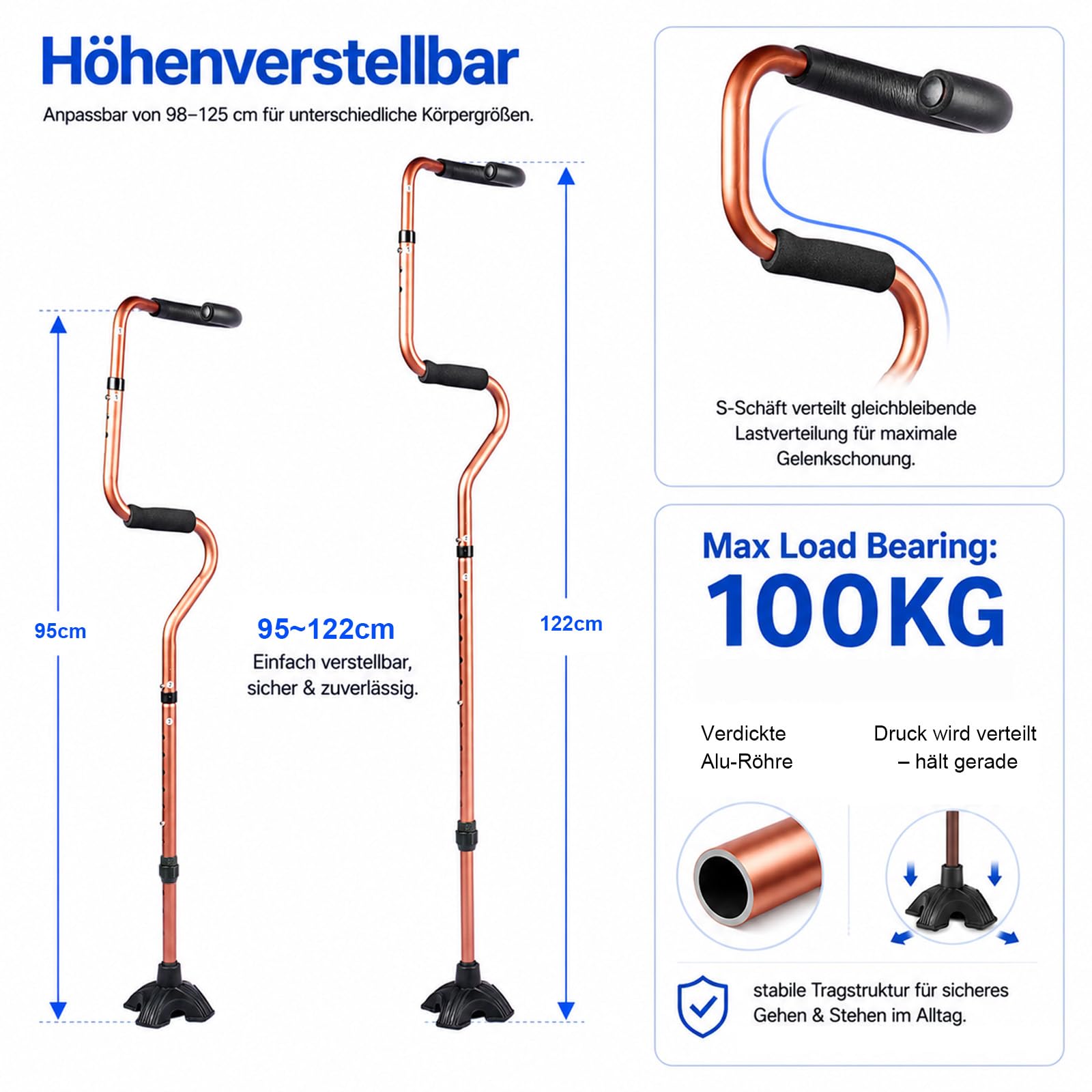 Bastone da passeggio Quad per uomo e donna, regolabile in altezza, con doppia impugnatura ergonomica e base in alluminio a quattro punte, pieghevole, leggero, portata fino a 100 kg, aiuto per la