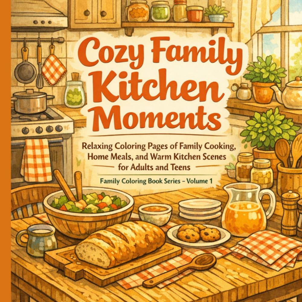 Cozy Family Kitchen Moments: Relaxing Black-and-White Coloring Pages of Family Cooking, Home Meals, and Warm Kitchen Scenes for Adults and Teens