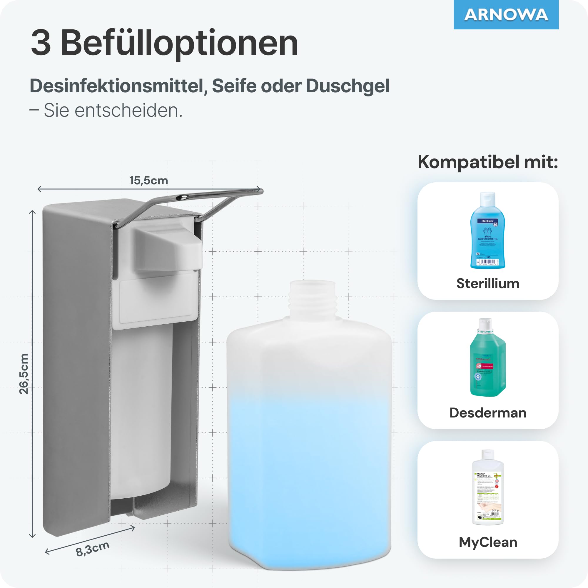 1x ARNOMED Desinfektionsspender Aluminium, Seifenspender für 500ml, kurzer Armhebel, Seifenspender zur Wandbefestigung, Eurospender für Desinfektionsmittel, Soap Dispenser, Desinfektionsmittelspender