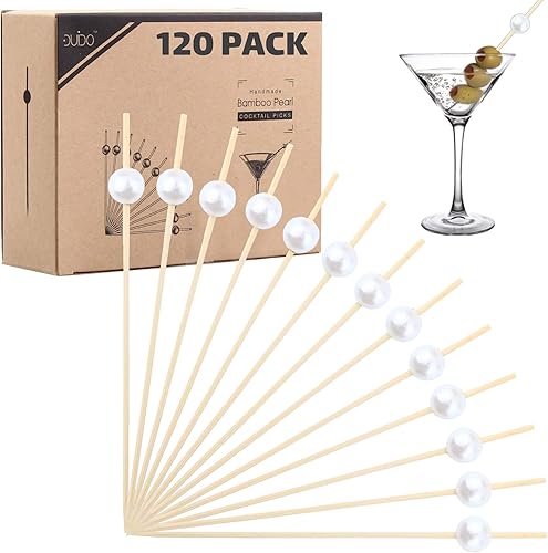 Púas de bambú para cócteles, aperitivos, púas de dientes (paquete 120320) perlas blancas de 4,75 pulgadas mini pinchos de madera para fiesta de