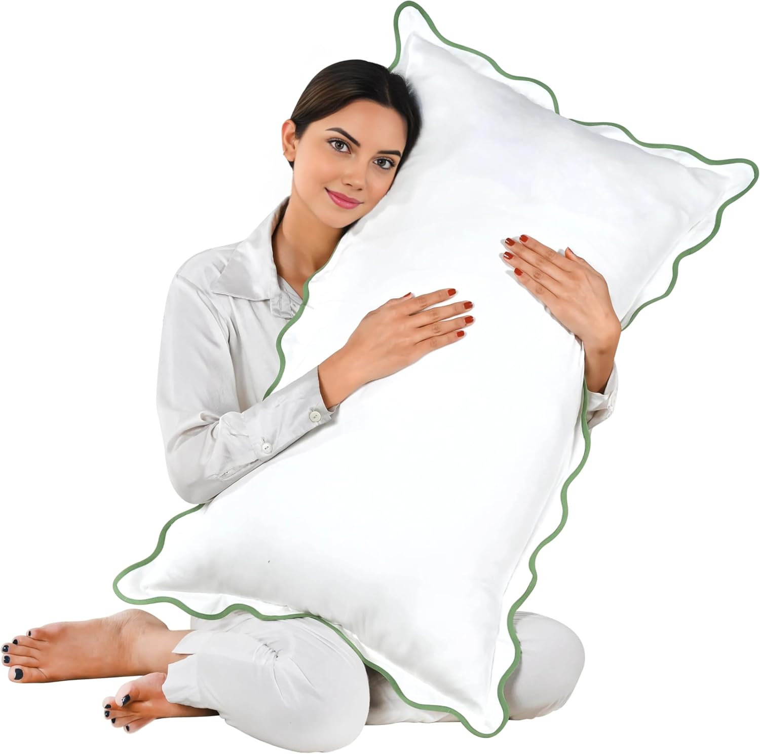 Ridhi White with Green Scalloped 100% Cotton Throw Pillow Covers 20"x36" Set of 2 Solid Pure Farmhouse Case Soft Home Decor for Sofa, Bed, Couch, Living Room Gift for Spring, Mother's Day