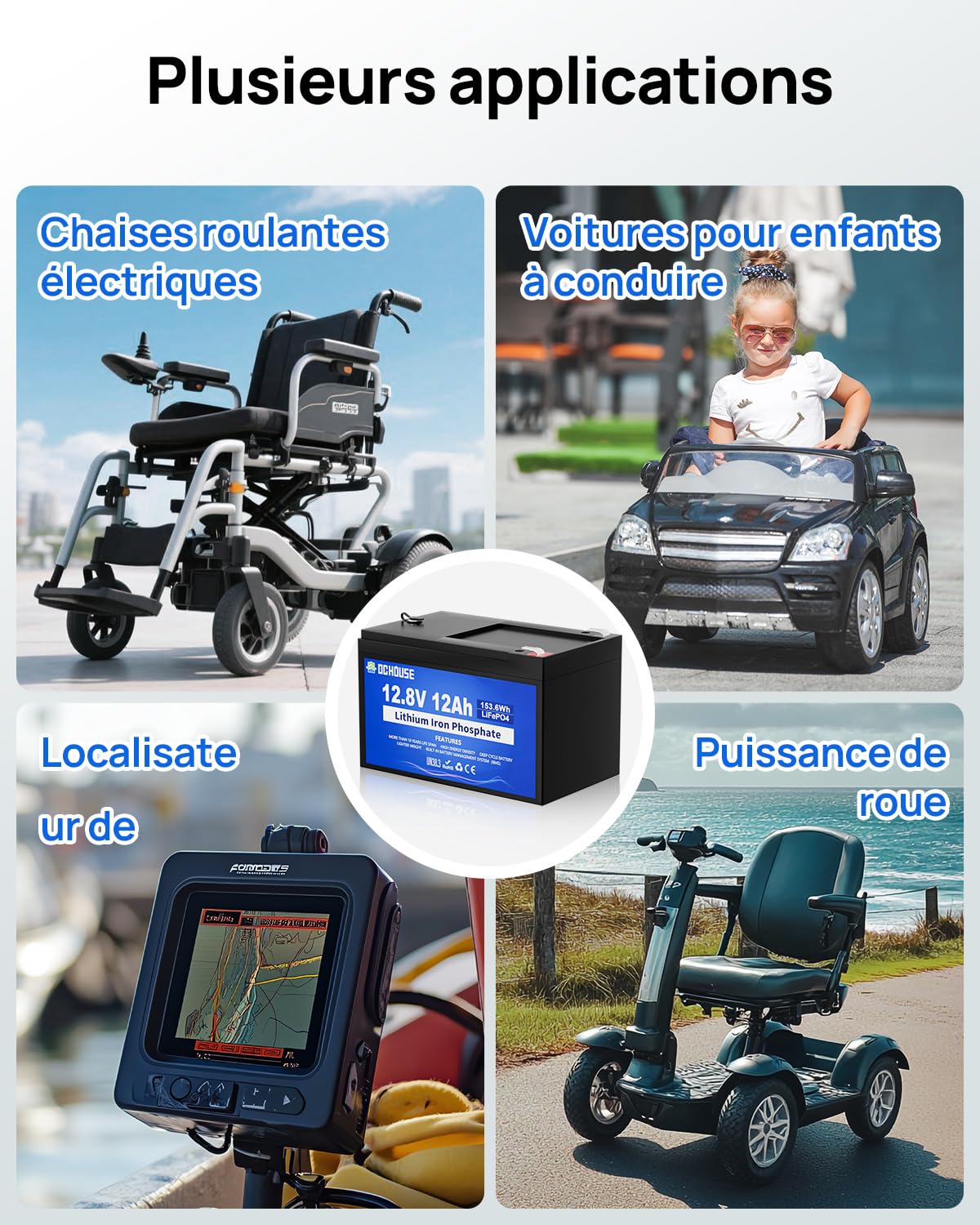 DCHOUSE Batterie au Lithium 12V 12Ah Lifepo4, Connecteur Câbles et Port CC | Batterie Lifepo4 Rechargeable de Plus de 4000 Cycles avec BMS 15A pour Bateau, Jouet à Enfourcher