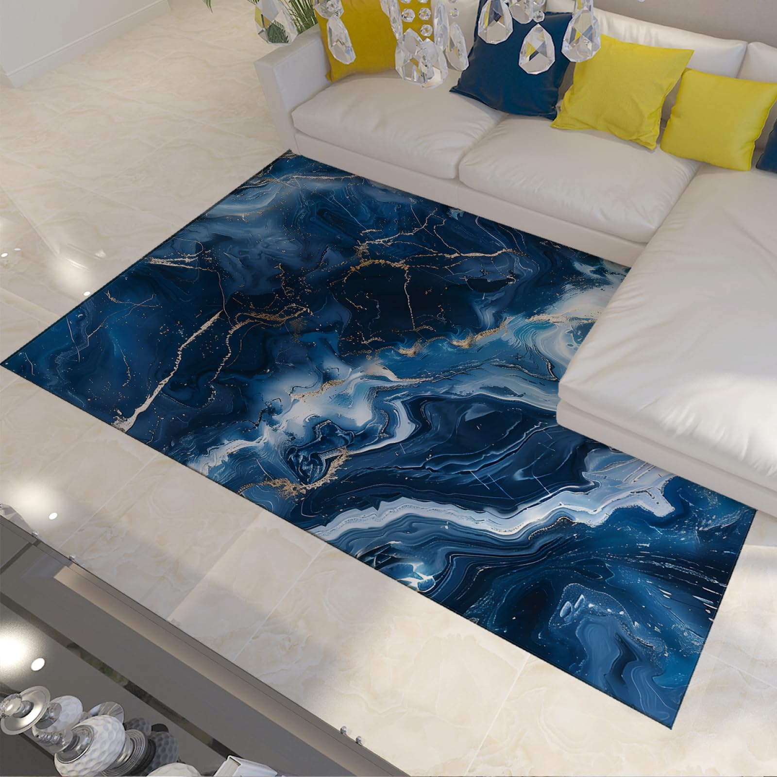 Tapis bleus en marbre abstrait 90x150 cm pour decoration salon et chambre