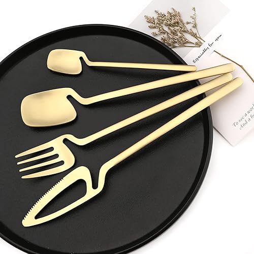 Miniatura 9 de Snplowum Juego de 24 cubiertos para el hogar, utensilios de cocina de acero inoxidable 1810 de metal mate con bonitas asas de colores para 6