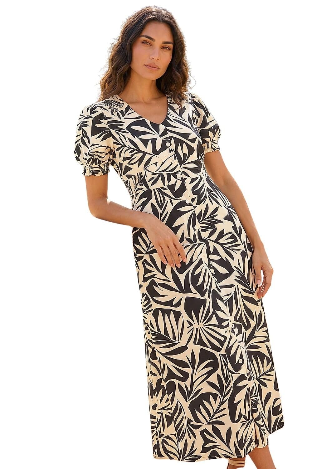 Roman Women's Abstract Print Button Midi Dress in Black | Size: 16