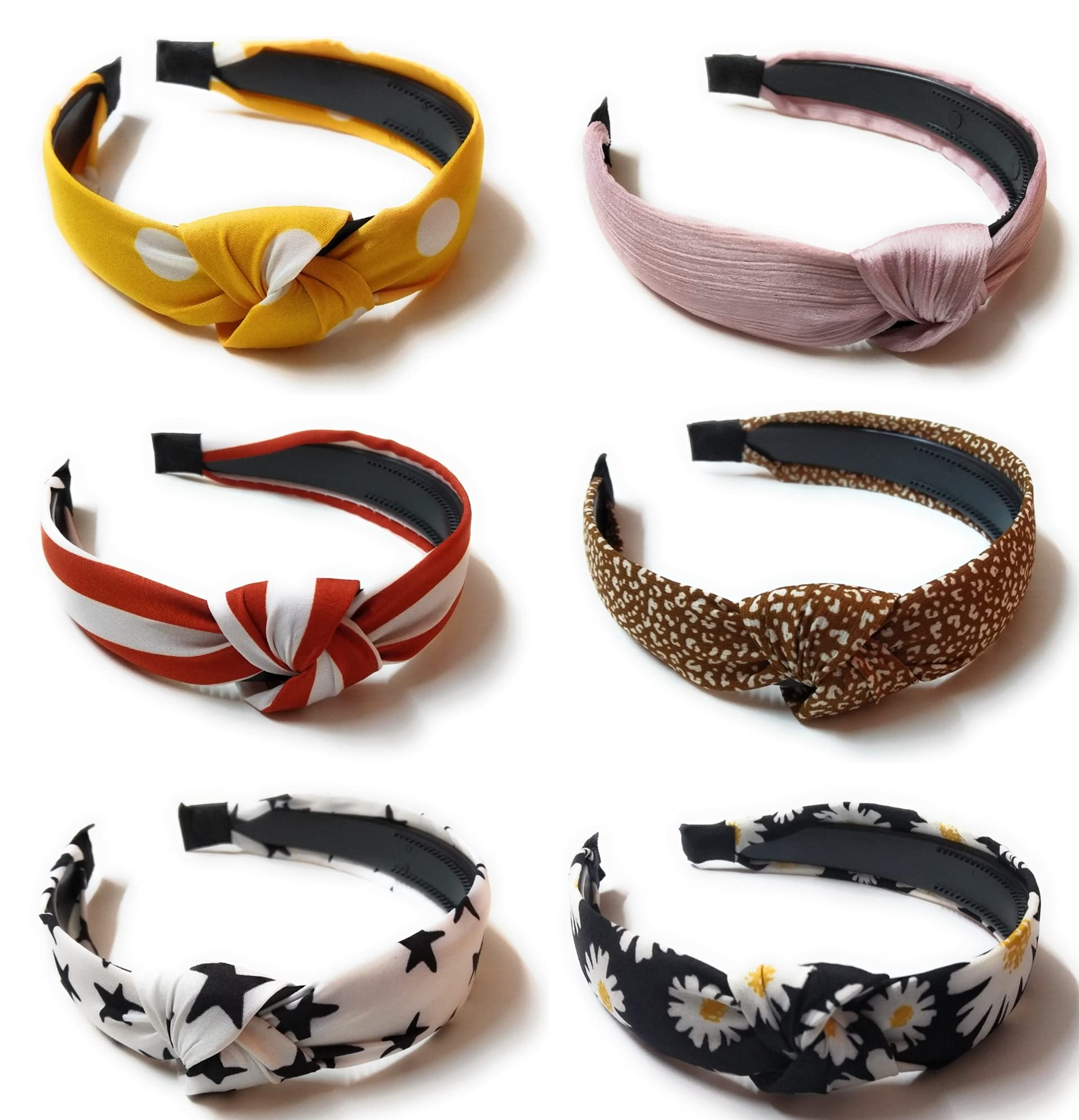 Hair Accessories Korean Style Solid Fabric Polka Dot Knot Stylish Cute Plastic Hairband / Headband for Girls and Women, MULTICOLOR (PACK of 6), (MD KNOT HAIR BAND1_1)