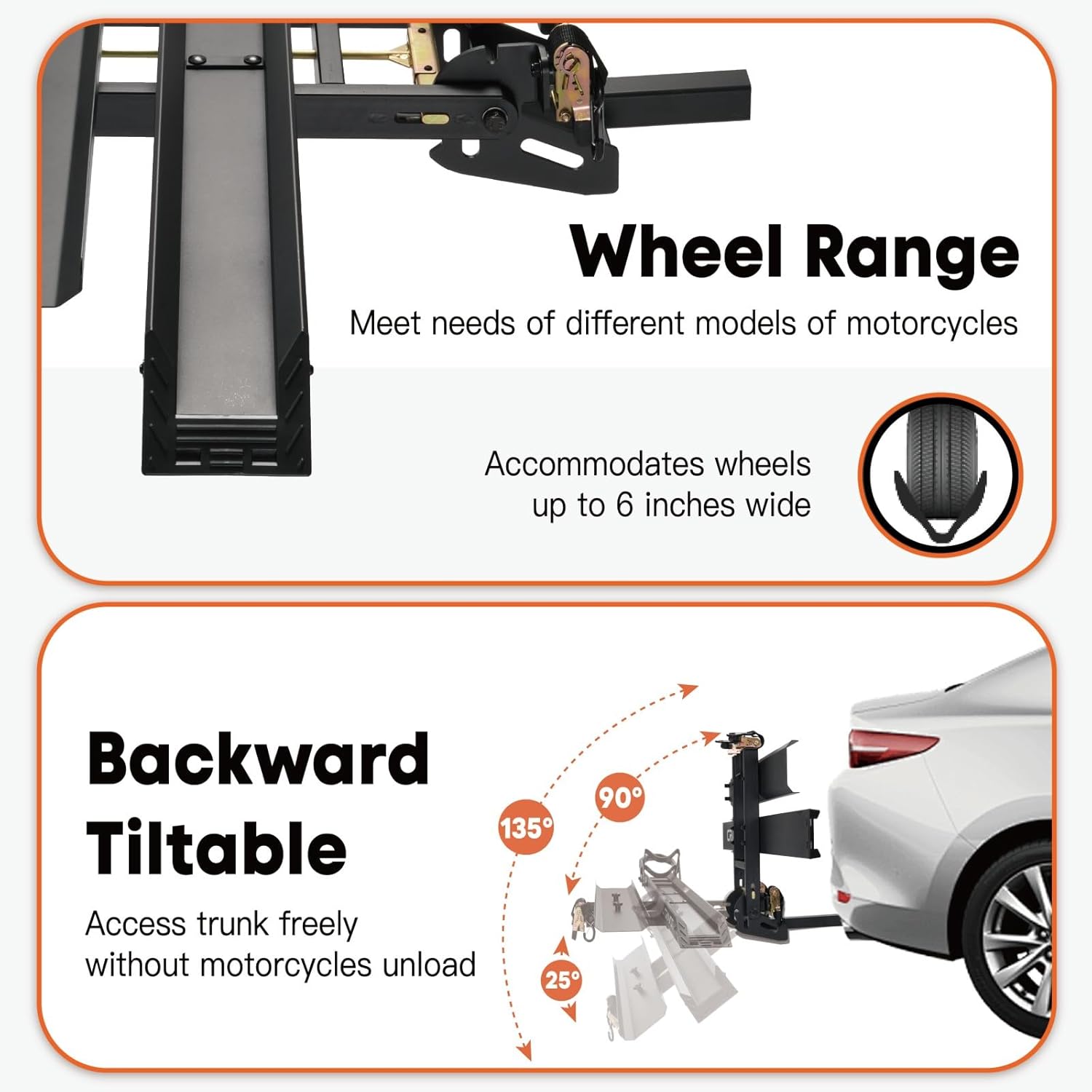 CRAVOT Motorack M1 Max Motorcycle Hitch Carrier with Ramp, 660 lbs Capacity Motorbike Carrier, Foldable Hauler Hitch Mount Rack Anti-Rattle Up to 6-inch Fat Tire 2" Receiver