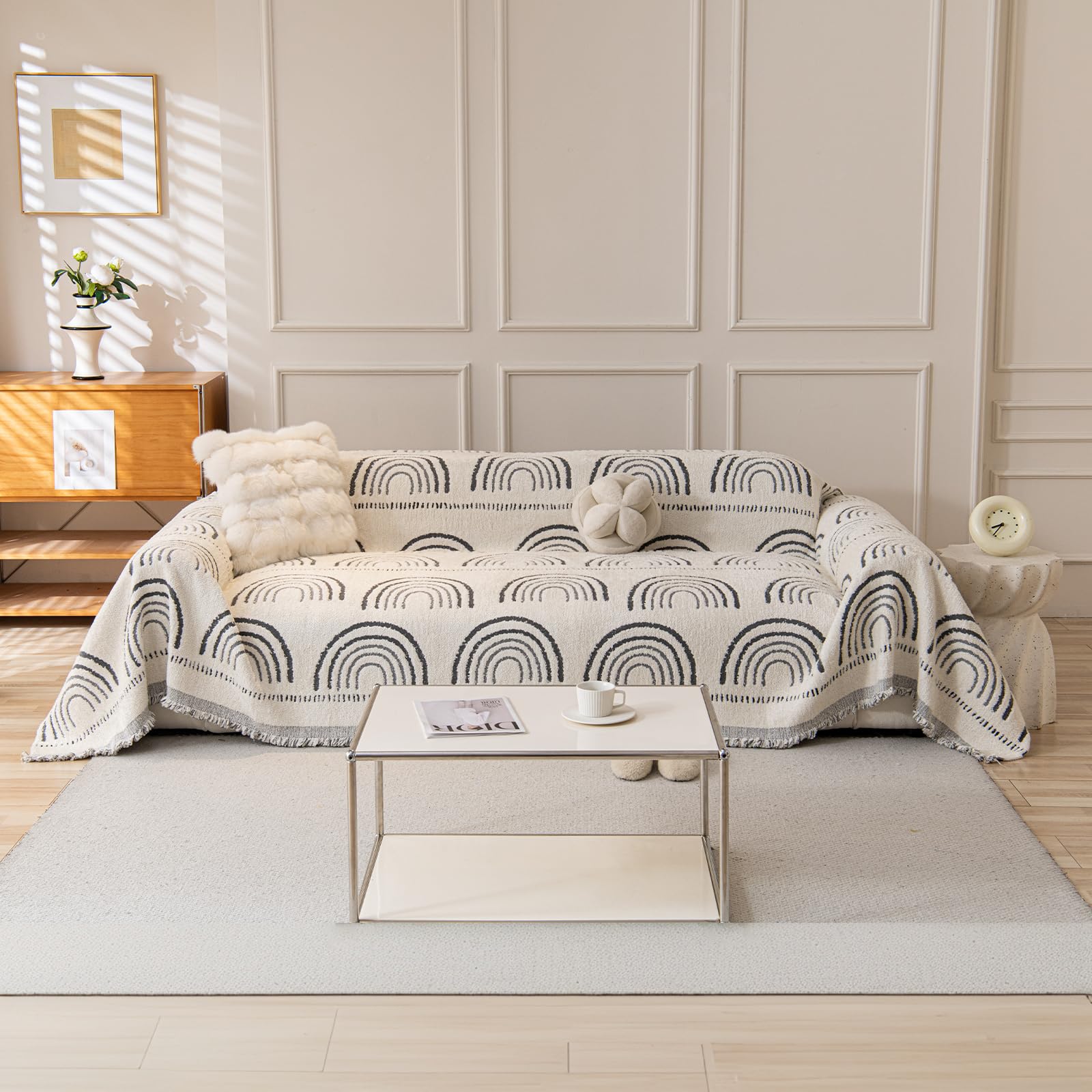 LiveGo Chenille AB Sided Slipcover for Corner & L Shaped Sofa, Soft Non-Slip All-Season Washable Couch Protector for Dogs with Tassel (Ab Susie Gray, 180 x 300 cm)