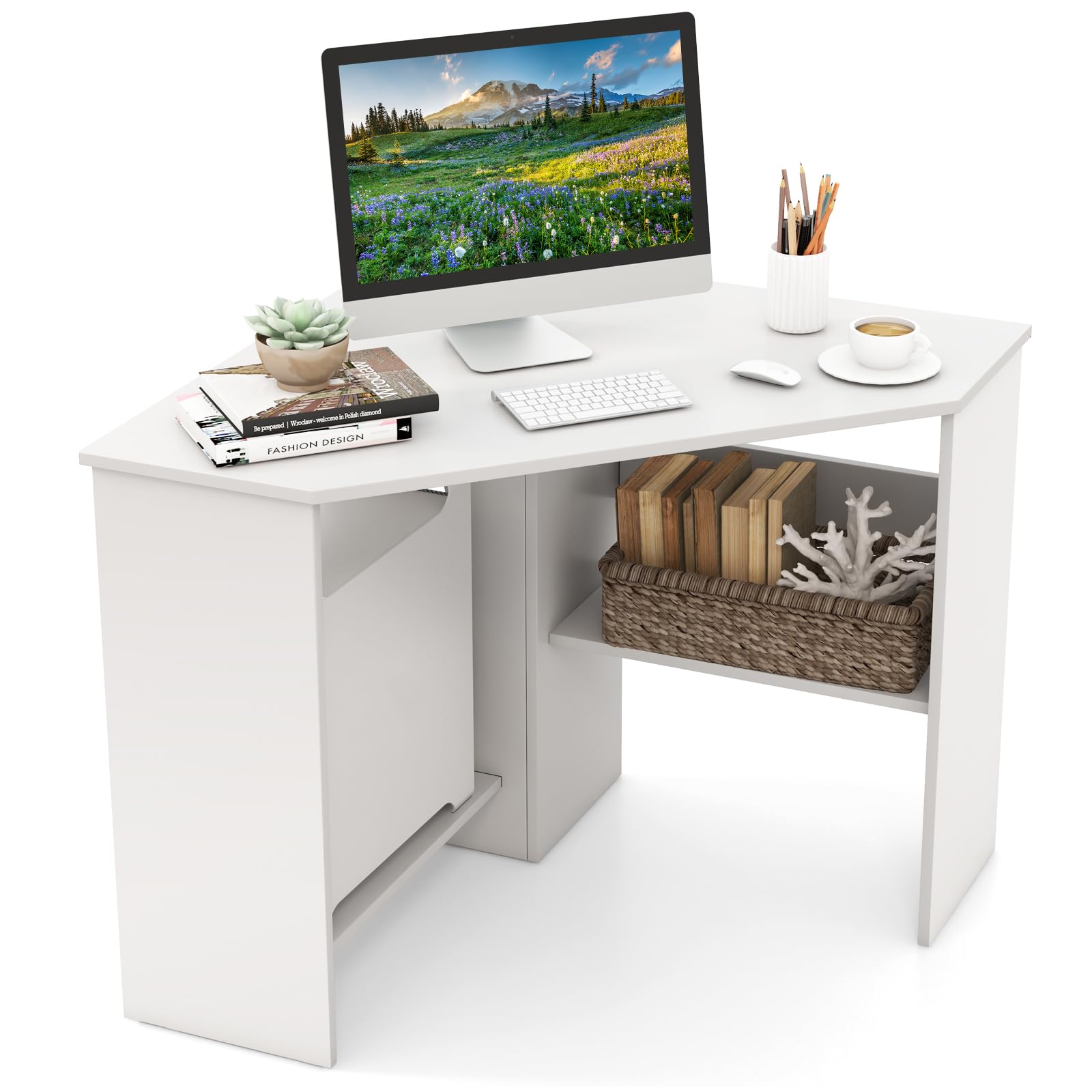 GOFLAME Corner Desk with Storage Shelves, Triangular Computer Desk with Cable Management Holes, Laptop Workstation for Small Space, Makeup Vanity Desk