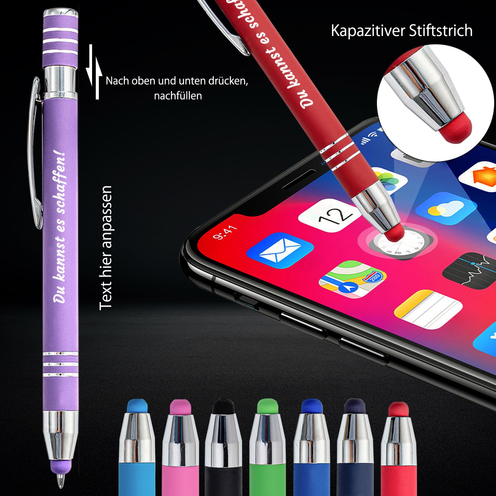 Personalisierter mehrfarbiger Kugelschreiber, benutzerdefinierter Soft-Touch-Kugelschreiber mit Stylus, personalisierter Namensstift aus Metall für Büro, Geschäft, Schule, schwarze Tinte - 36Stück