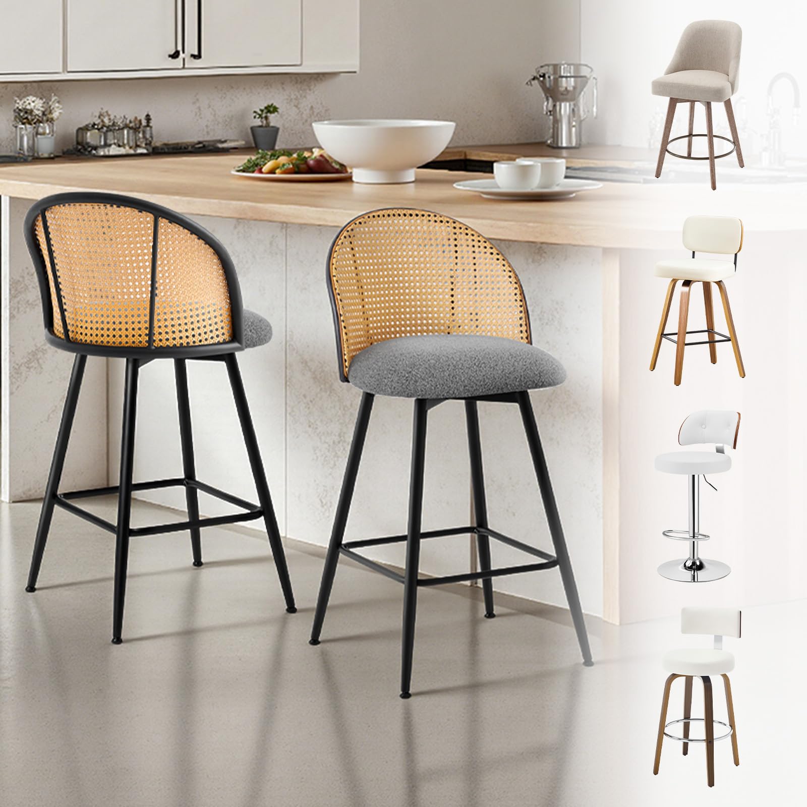 Bekrvio Counter Height Bar Stools Set of 2, 360° Swivel Upholstered Barstools with Rattan Full Back & Metal Legs, Boucle Teddy Mid Century Modern Chair Kitchen Island