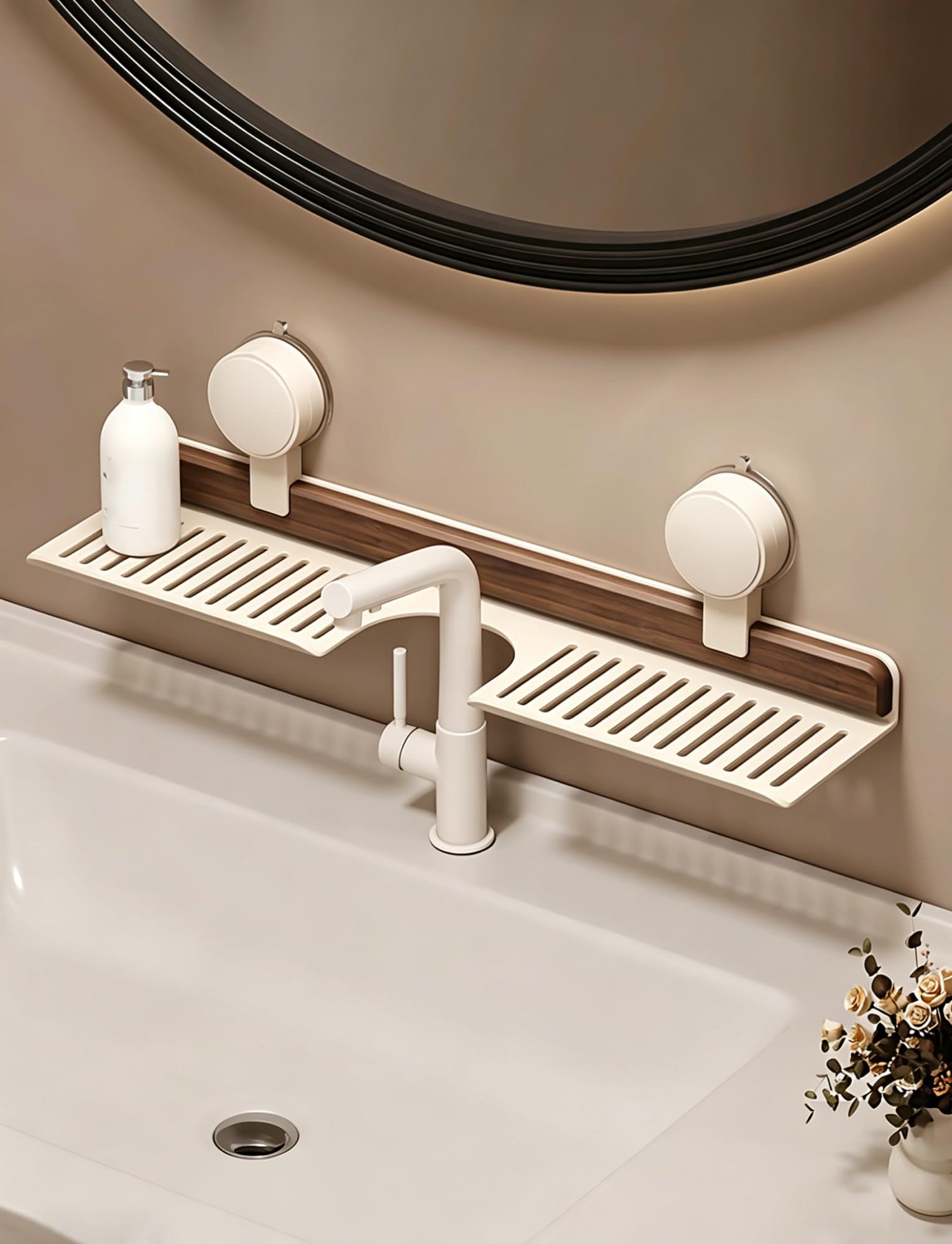 SVFOEBJM Walnut Bathroom Counter Organizer, No Drill Sink Shelf with Drainage Holes, Suction Cup Storage Rack for Over Faucet Holder(Milk,50cm/19.7in)