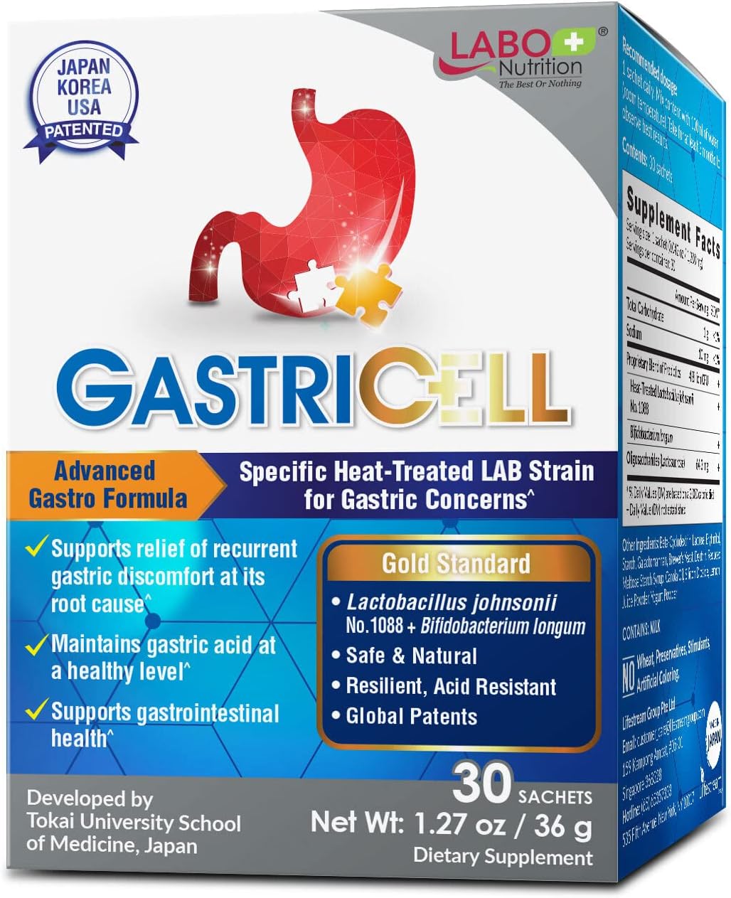 LABO Nutrition GASTRICELL - Target H. Pylori, Acid Reflux, Heartburn, Gastric Acid - Addresses Recurring Gastric Problems, Natural Defence Against Gastric Distress 30 sachets