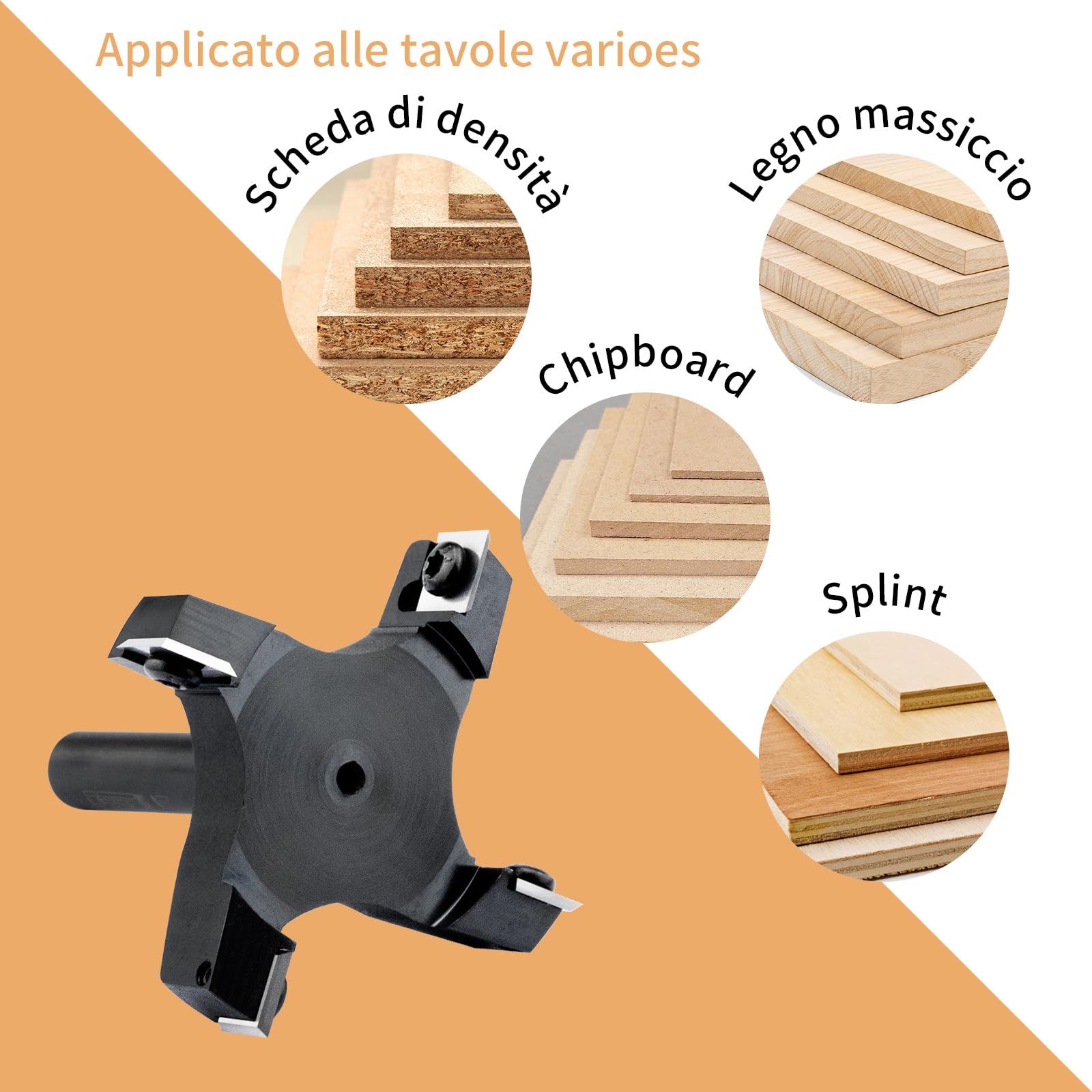 Fresa per spianare legno massello per Fresatrice verticale legno, diametro 76 mm e gambo 12 mm, Fresa per Superfici a 4 lame